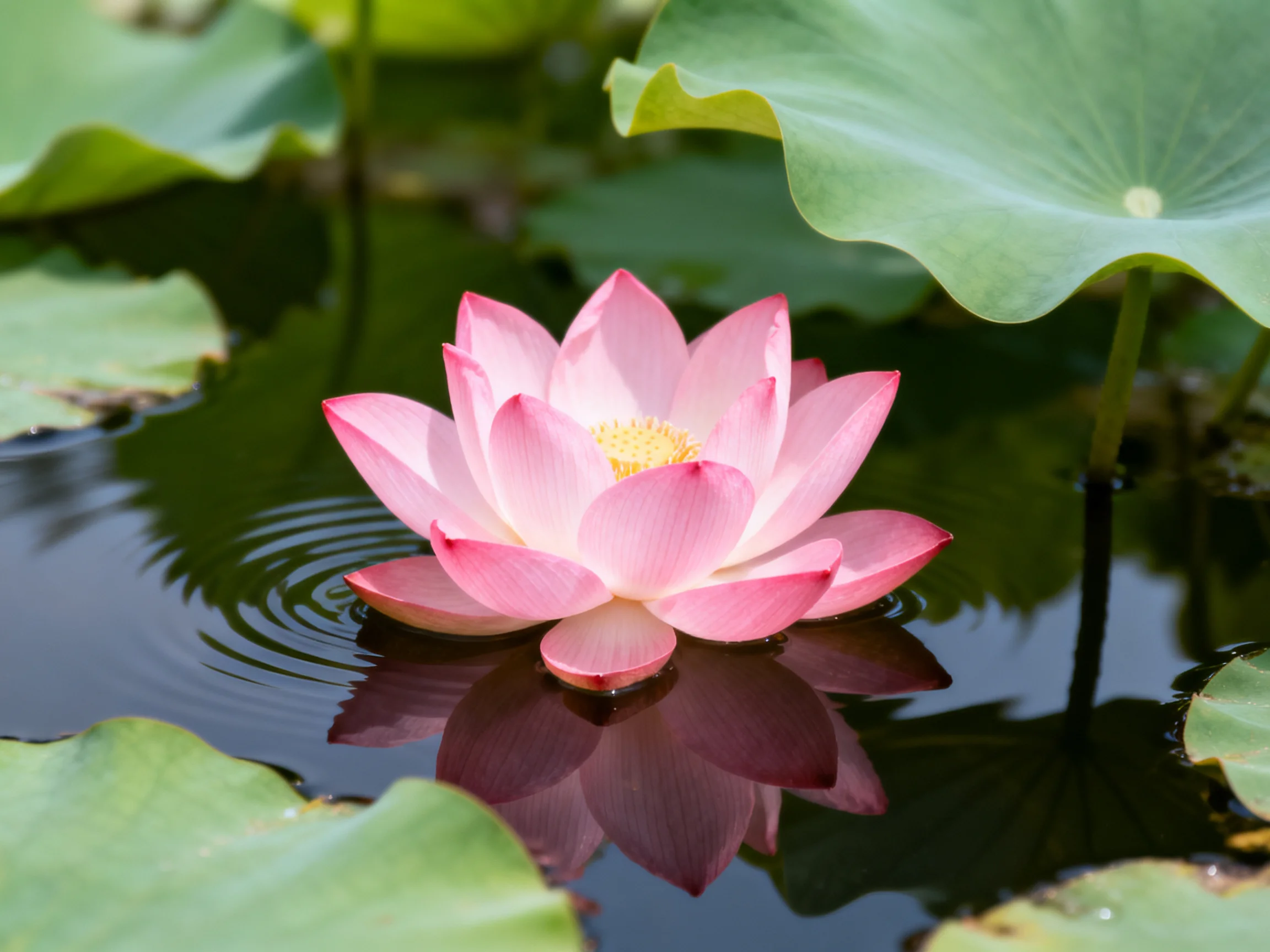 A vibrant pink lotus blooms amid large green lily pads in calm water