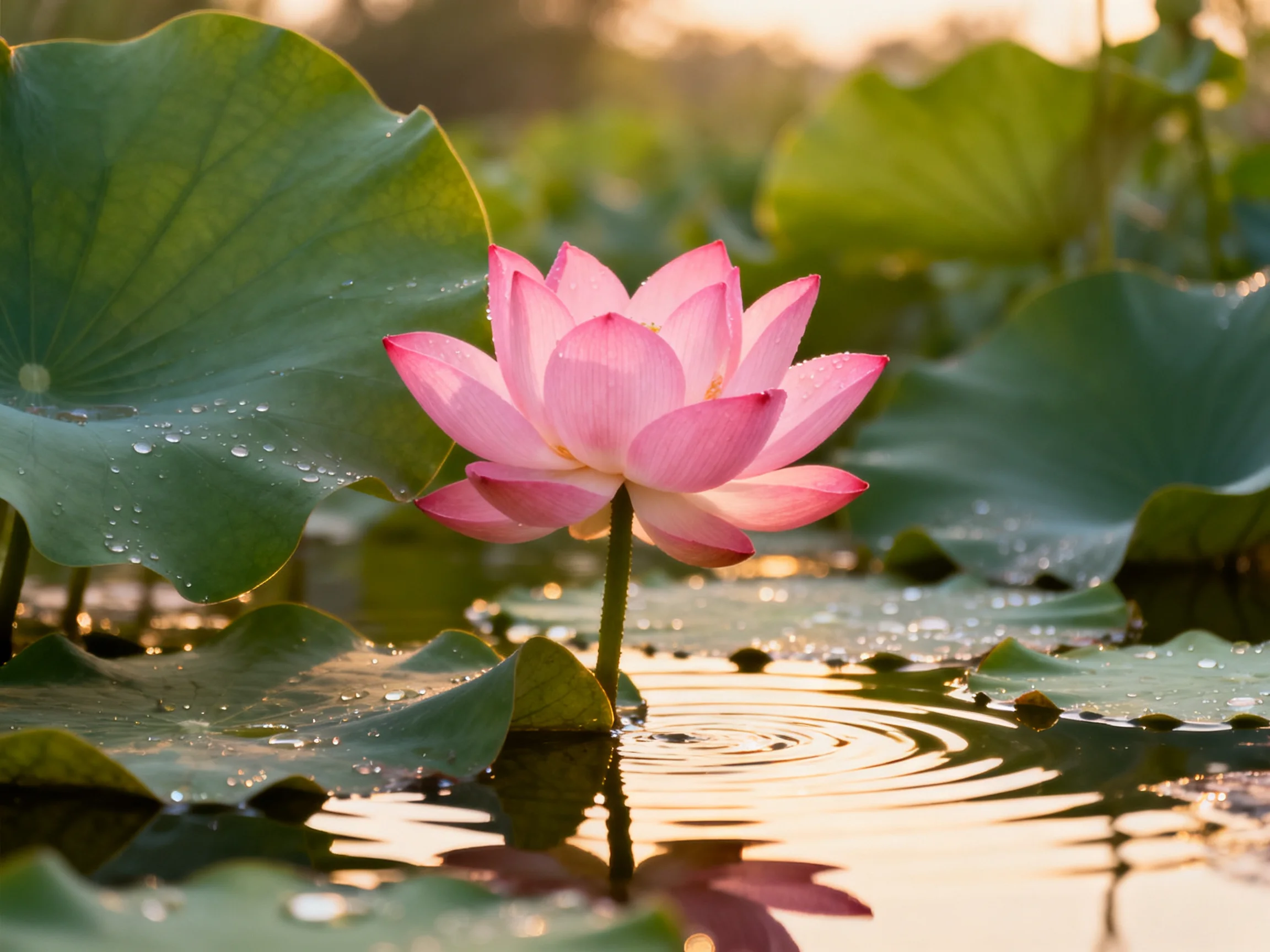 A vibrant pink lotus blooms amid large green lily pads in calm water