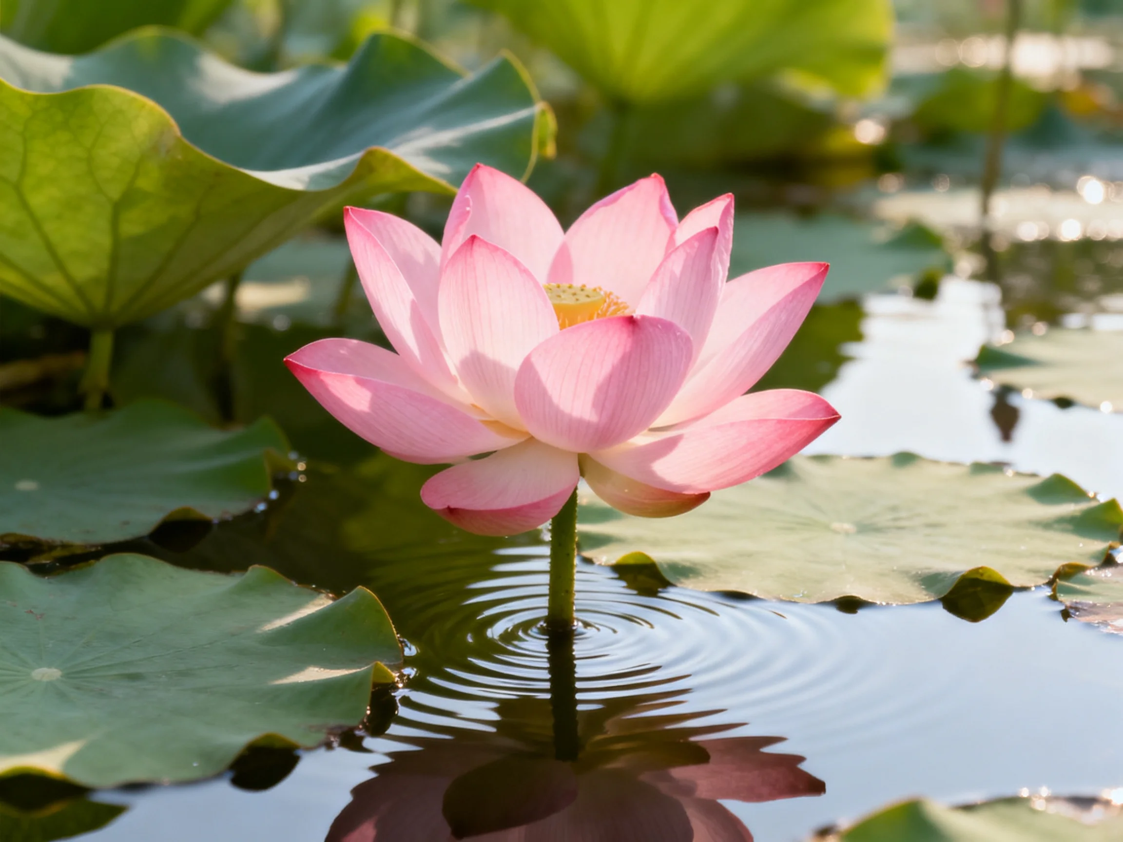 A vibrant pink lotus blooms amid large green lily pads in calm water