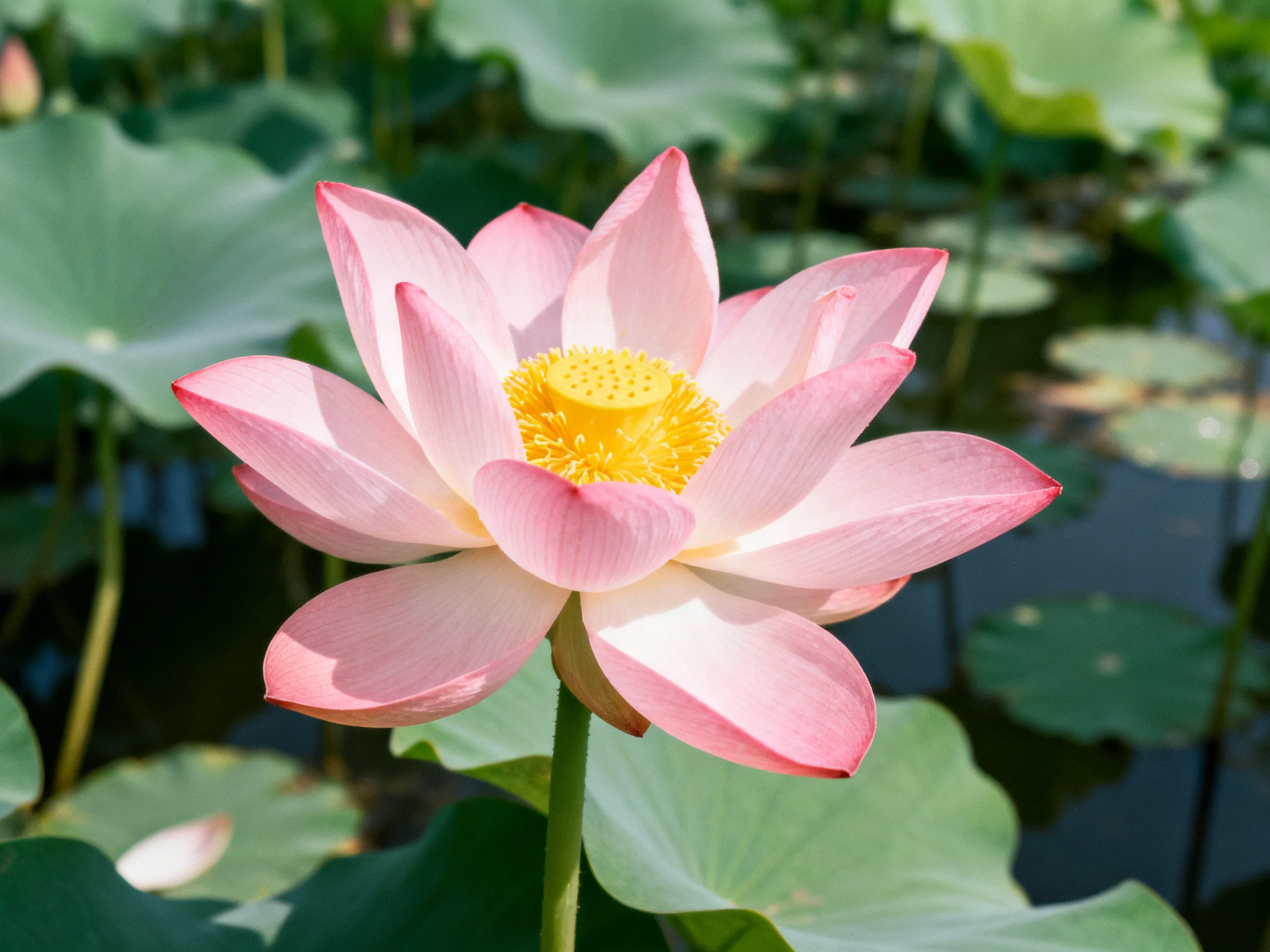 A vibrant pink lotus blooms amid lush green lily pads by calm water