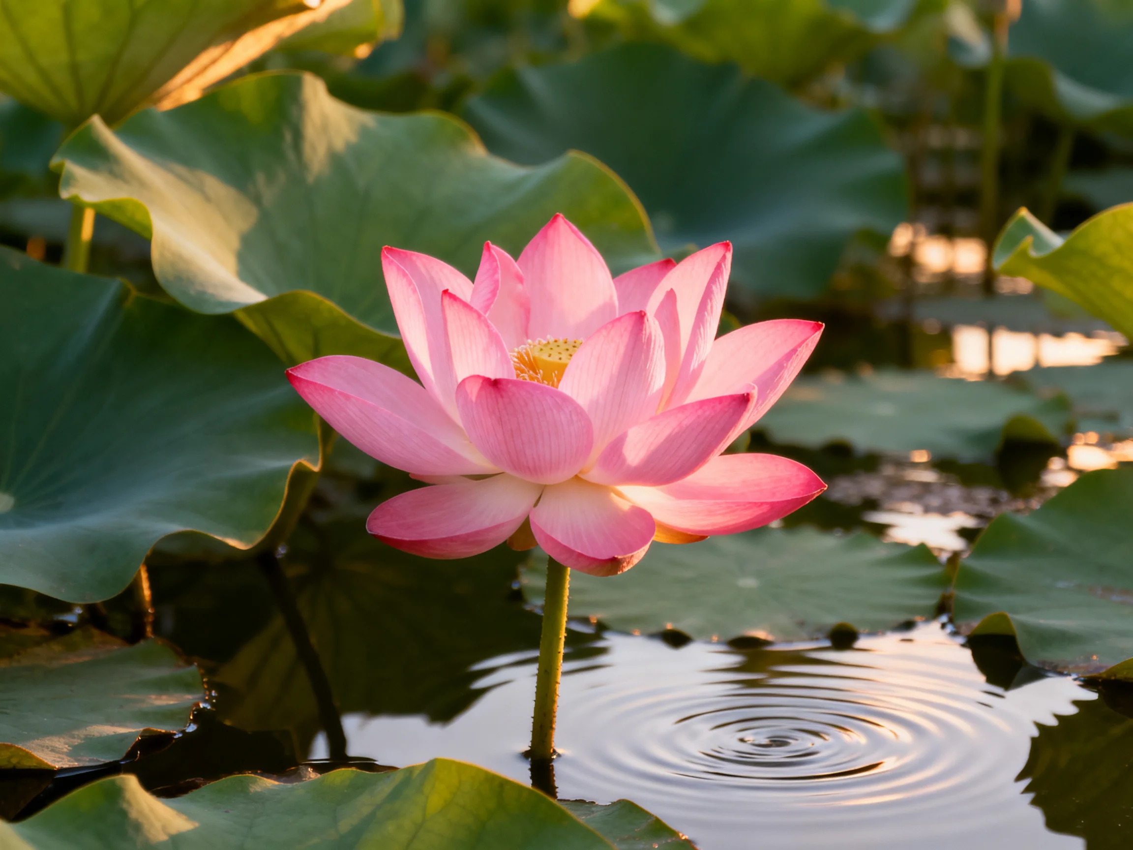 A vibrant pink lotus blooms among large green lily pads in calm water