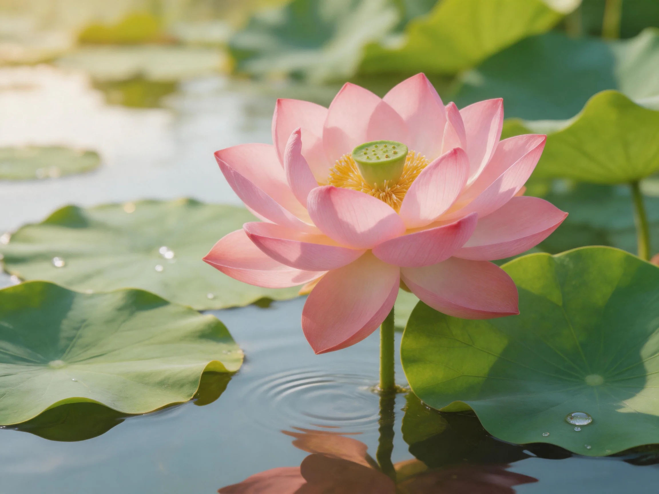 A vibrant pink lotus blooms among large green lily pads in calm water
