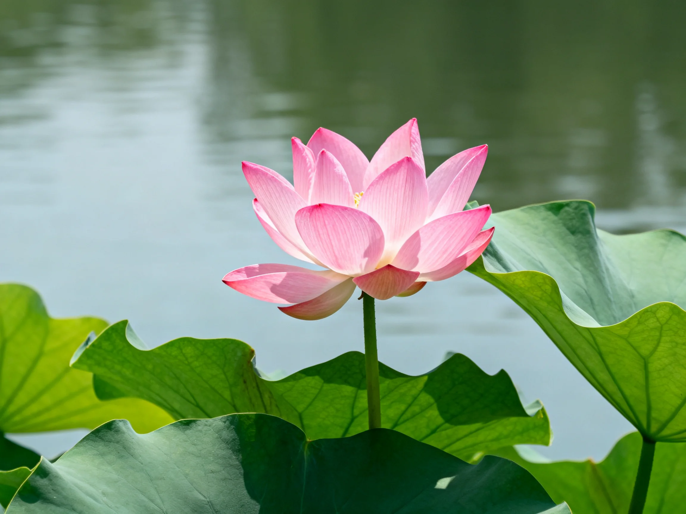 A vibrant pink lotus blooms among large green lily pads near calm water.