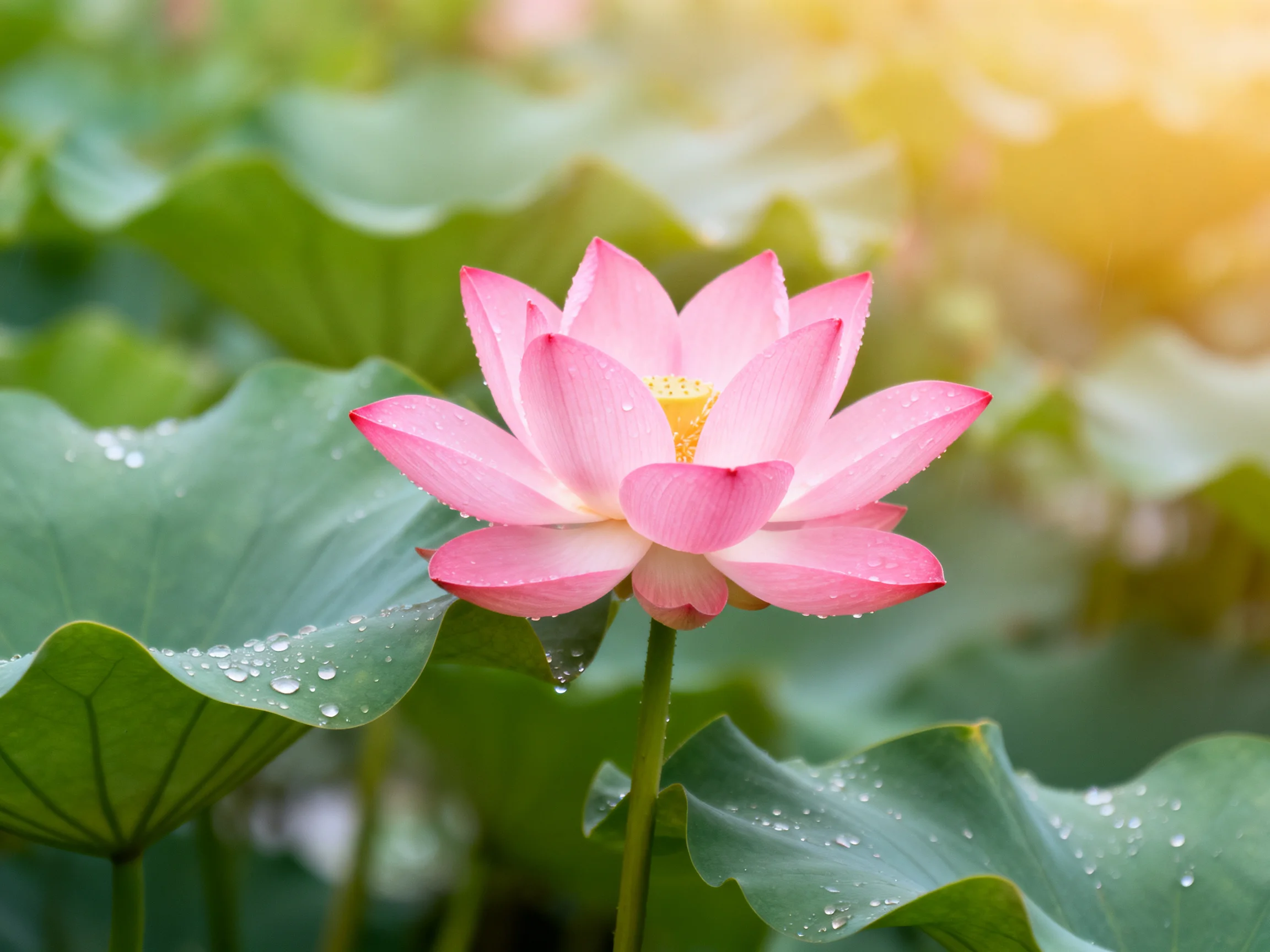 A vibrant pink lotus blooms among large green lily pads with water droplets