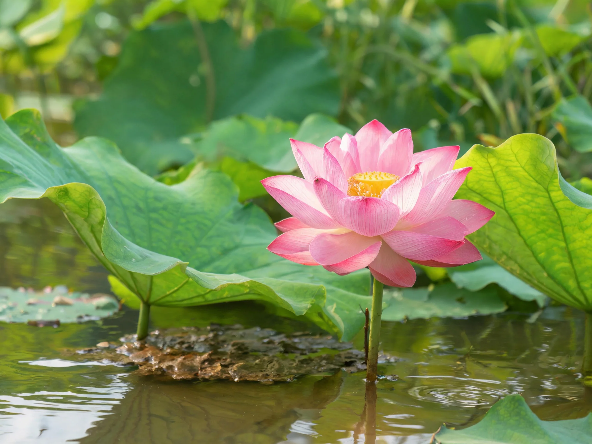 A vibrant pink lotus blooms among large green lily pads