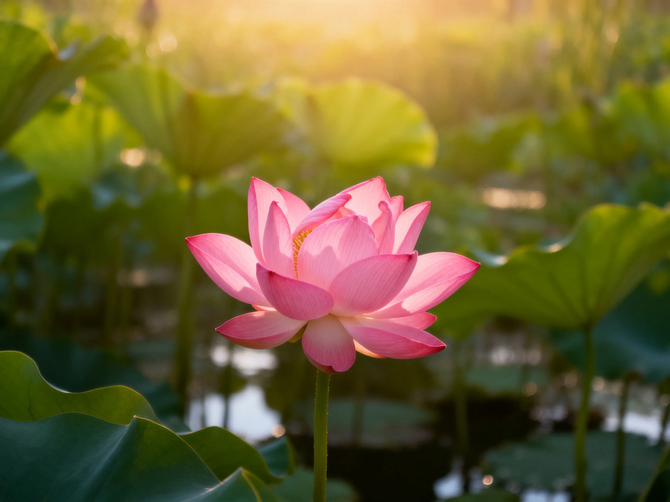 A vibrant pink lotus blooms among lush green leaves under golden sunlight