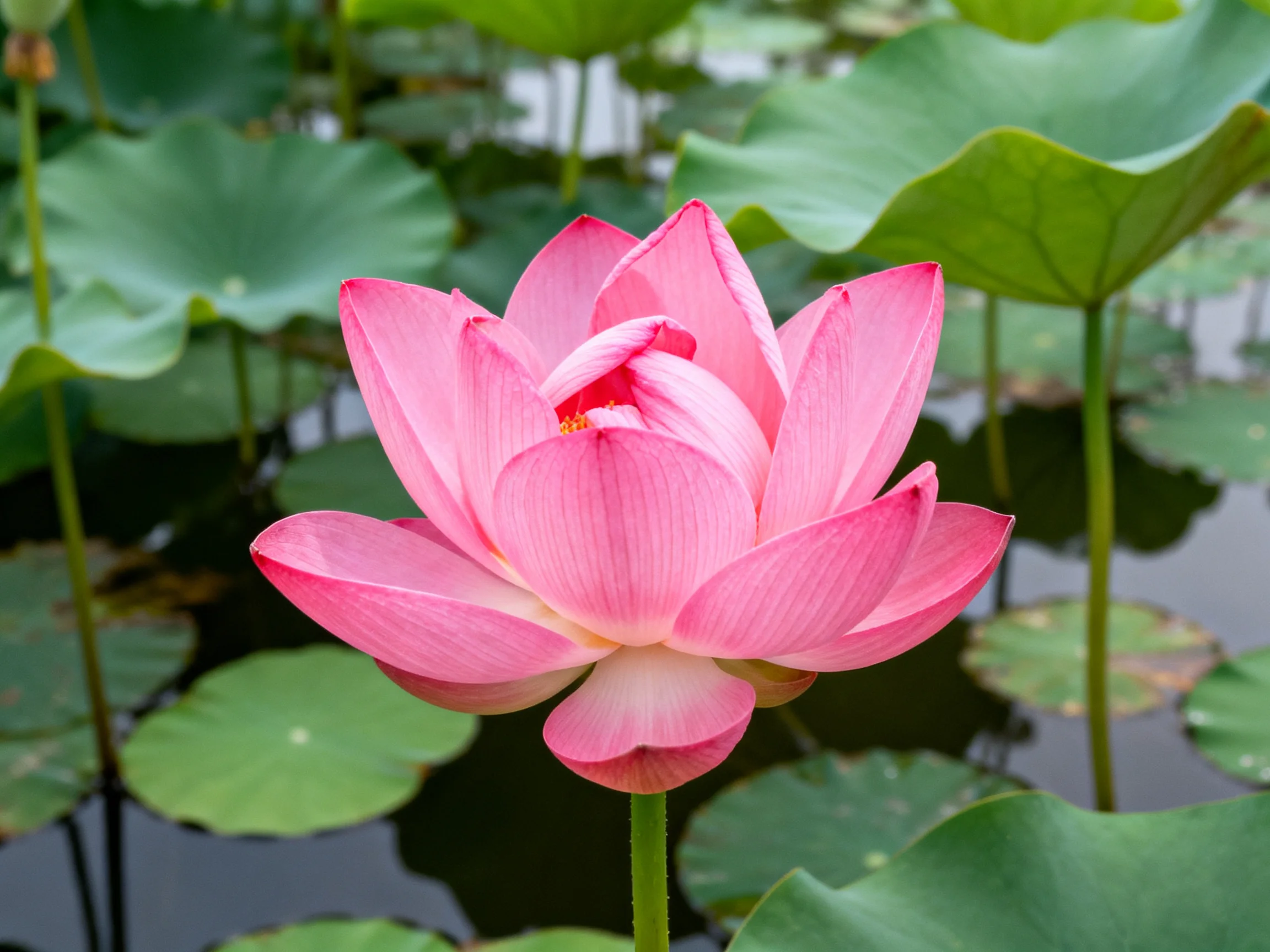 A vibrant pink lotus blooms among lush green lily pads by calm water