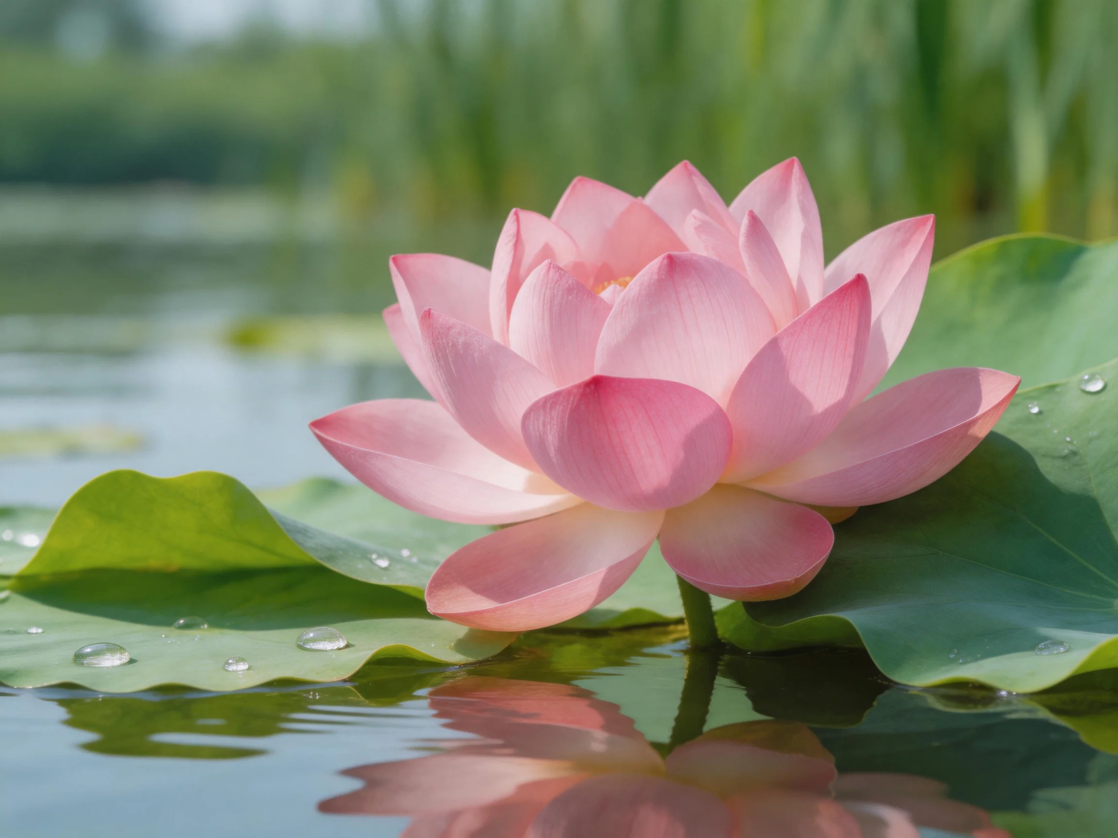 A vibrant pink lotus blooms atop broad green lily pads by calm water