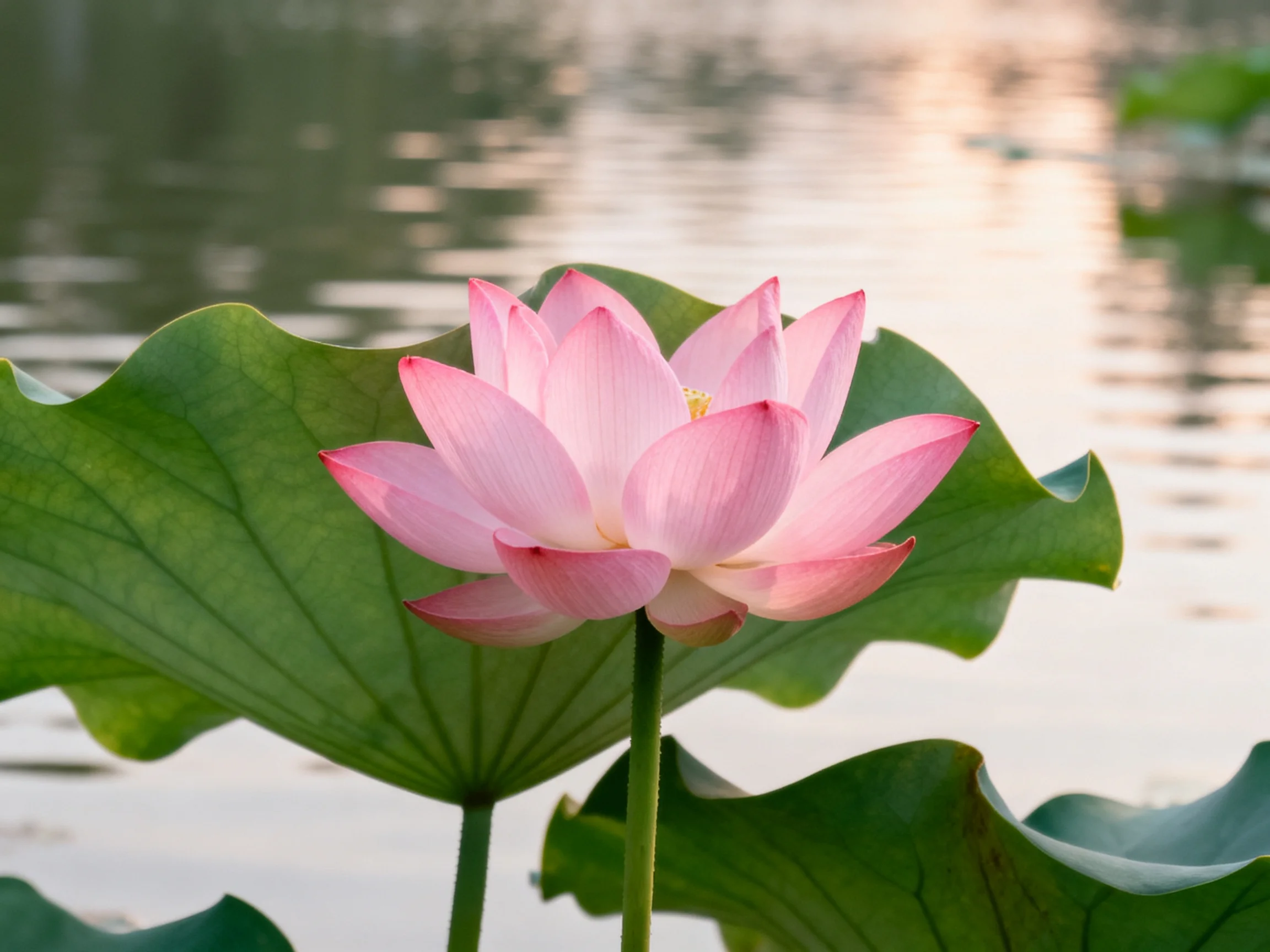 A vibrant pink lotus blooms beside large green lily pads near calm water