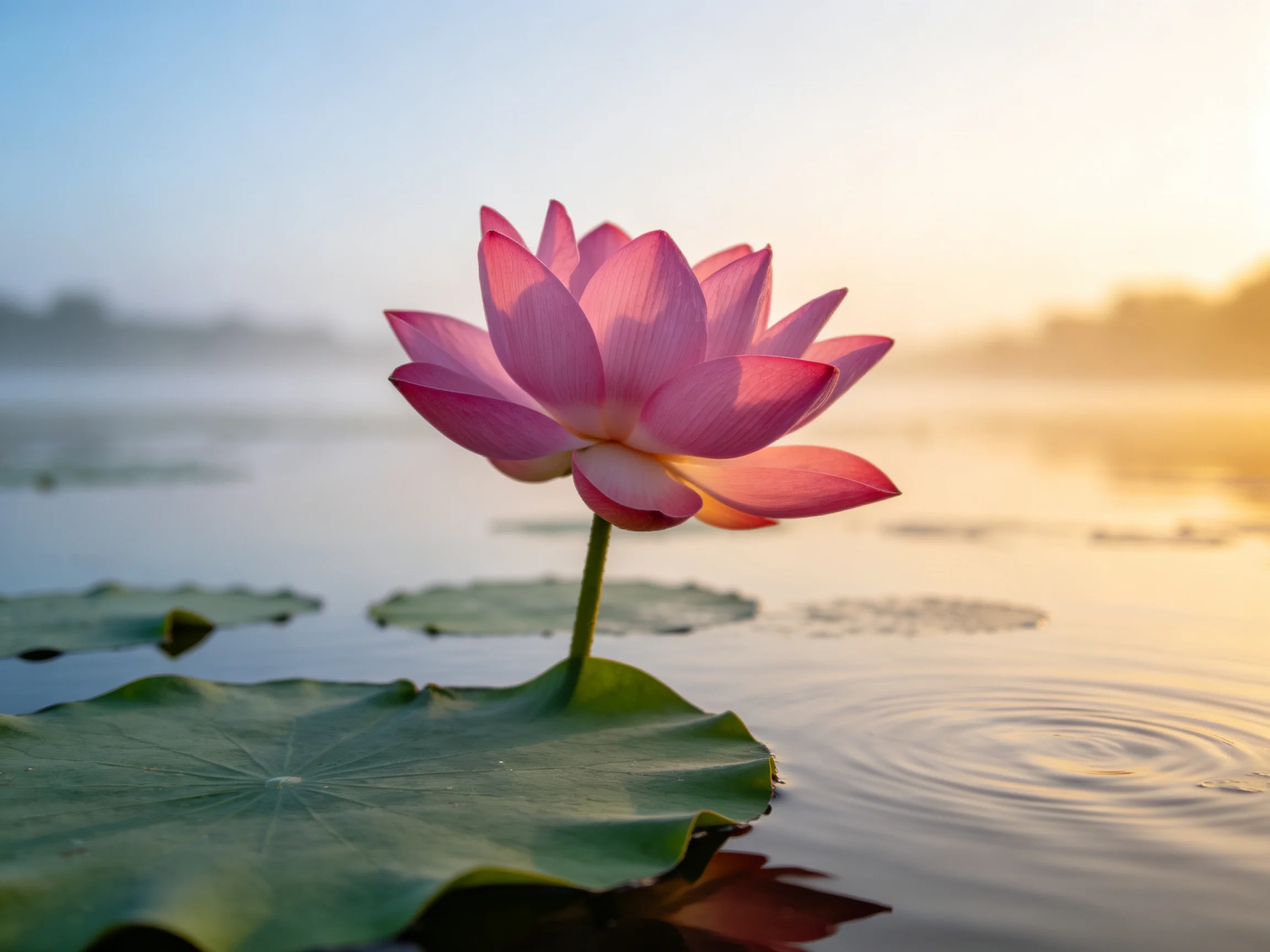 A vibrant pink lotus blooms beside large green lily pads on calm water during sunrise.