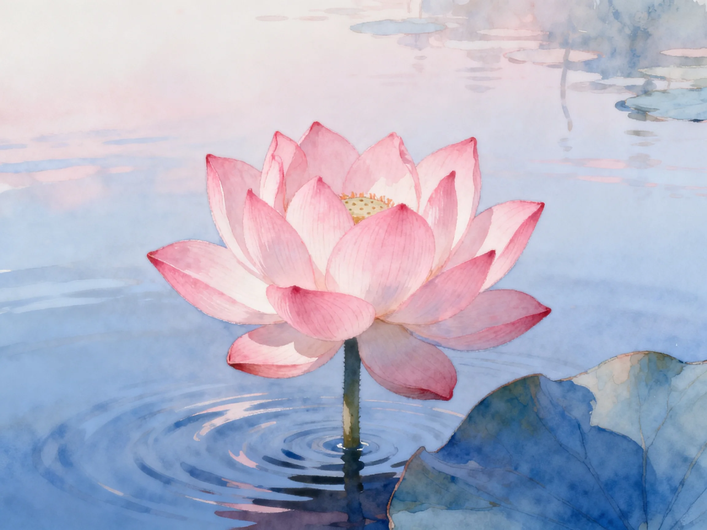 A vibrant pink lotus blooms serenely in calm blue water.