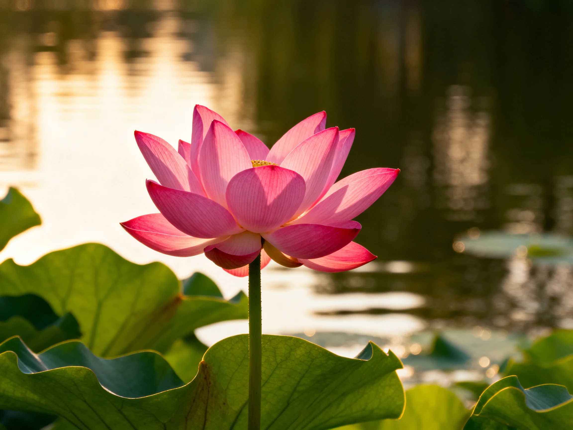 A vibrant pink lotus blooms near calm water with green lily pads
