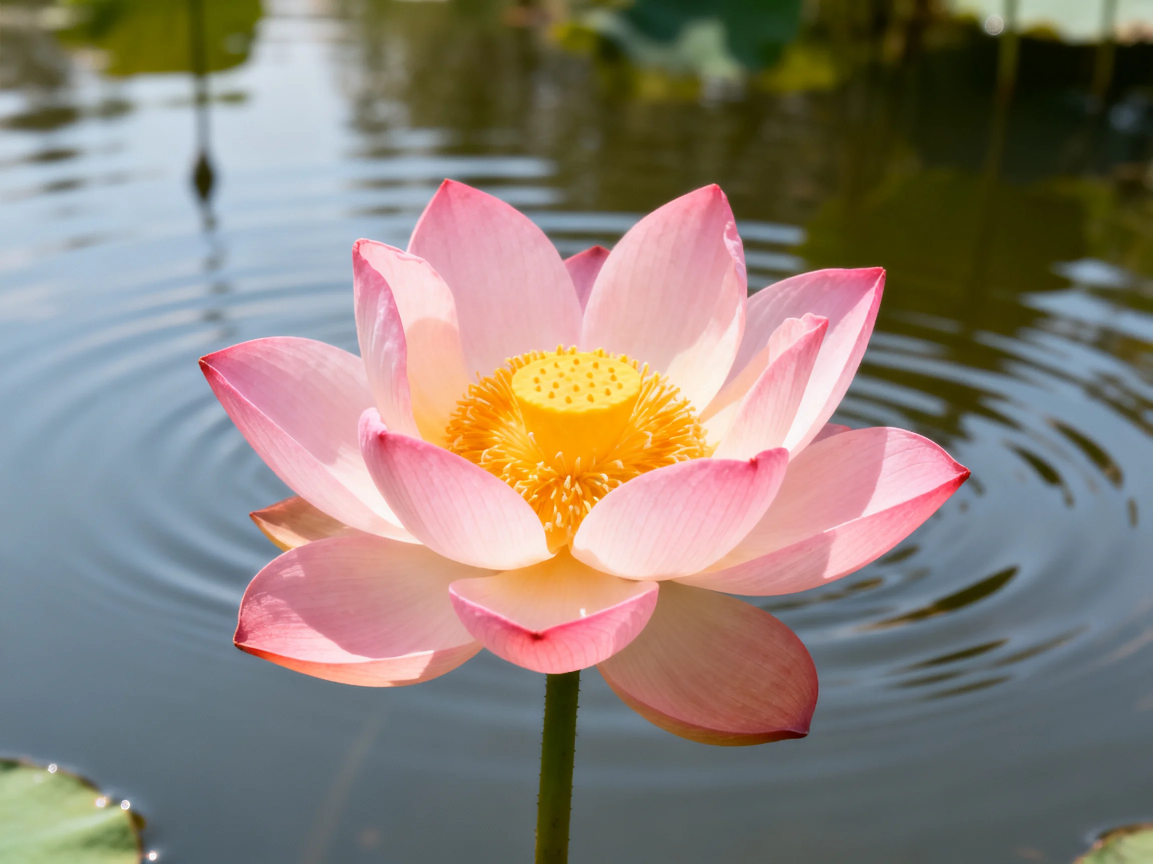A pink lotus blooms near rippling water in a serene setting.