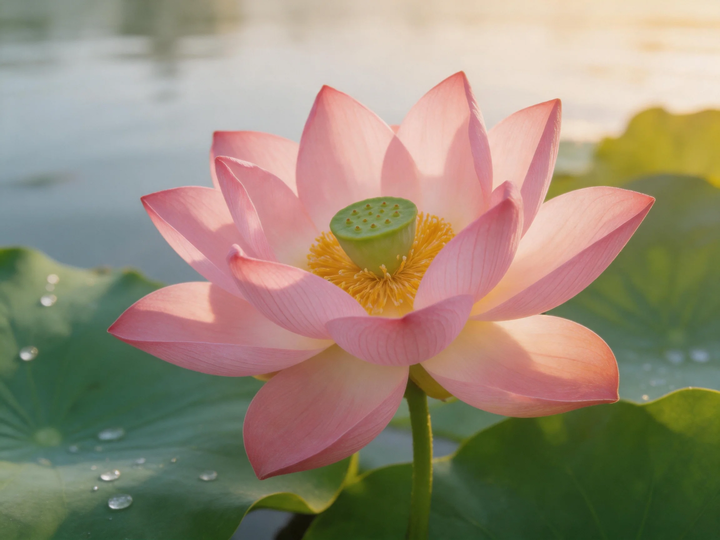 A vibrant pink lotus blooms near glistening green lily pads