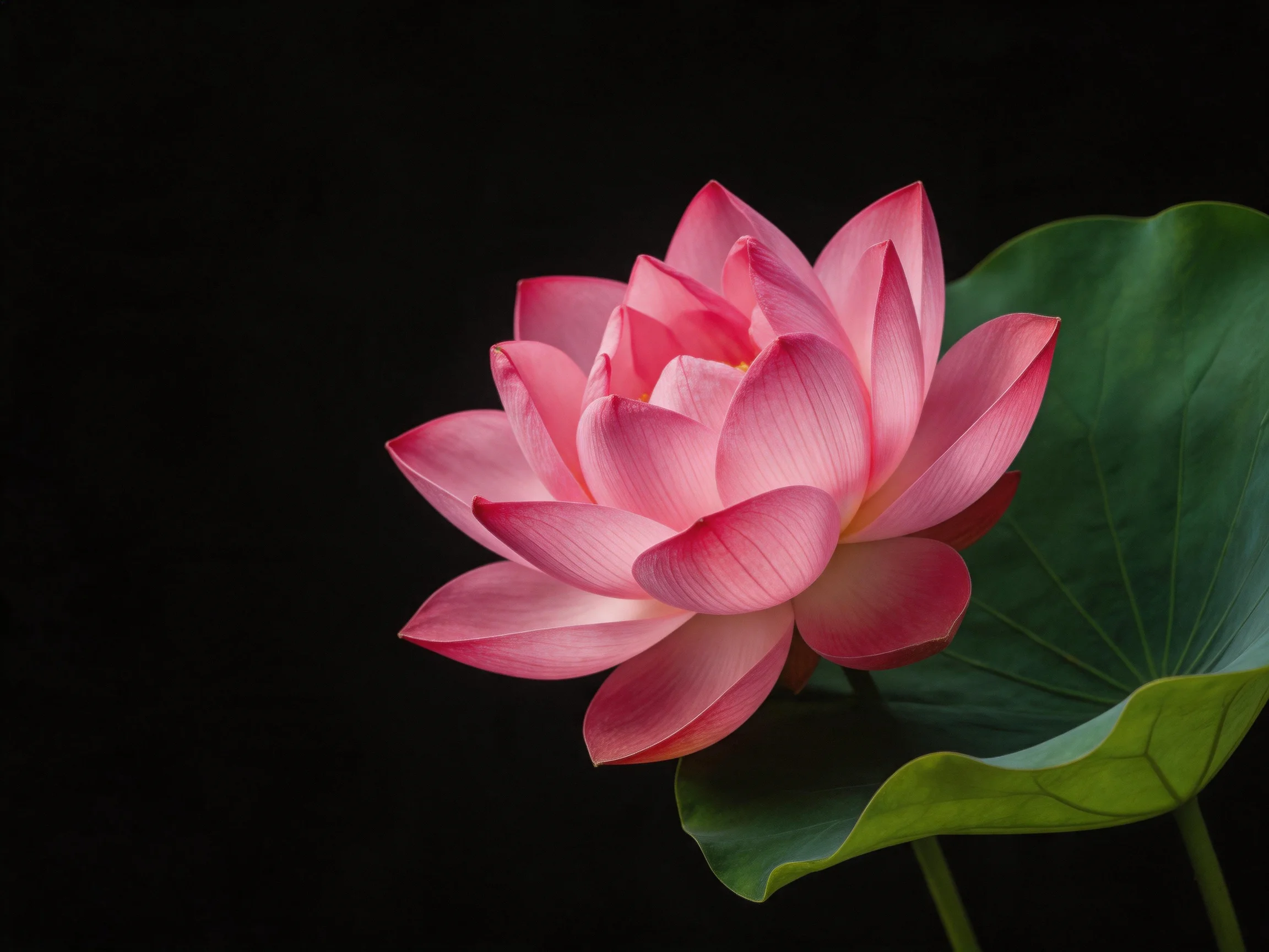 A vibrant pink lotus blossom next to a large green lily pad on a black surface