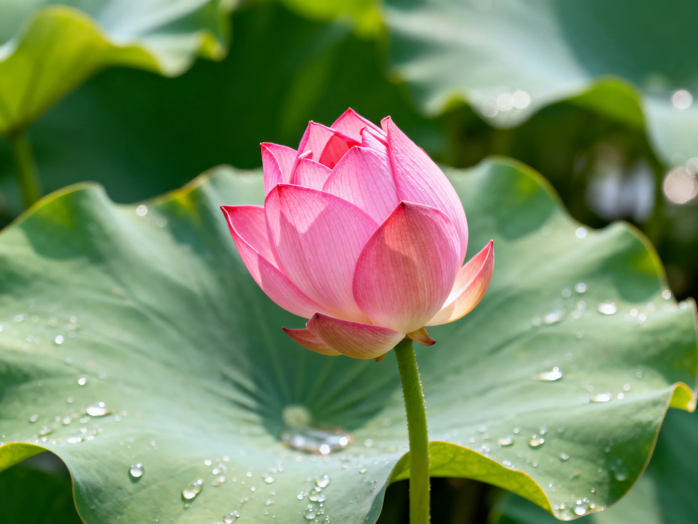 A vibrant pink lotus bud near large green lily pads with water droplets
