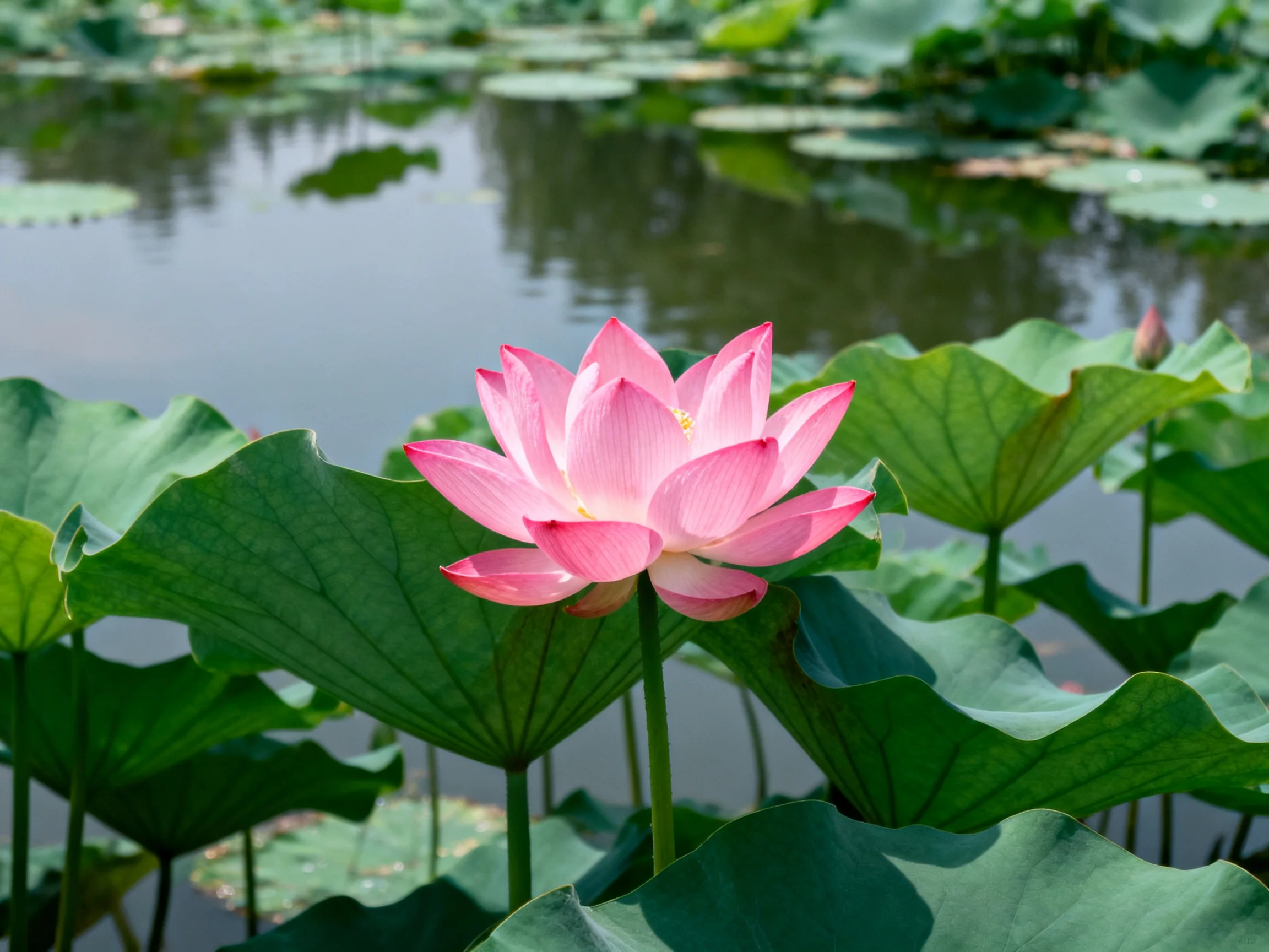 A vibrant pink lotus flower amid large green lily pads by calm water