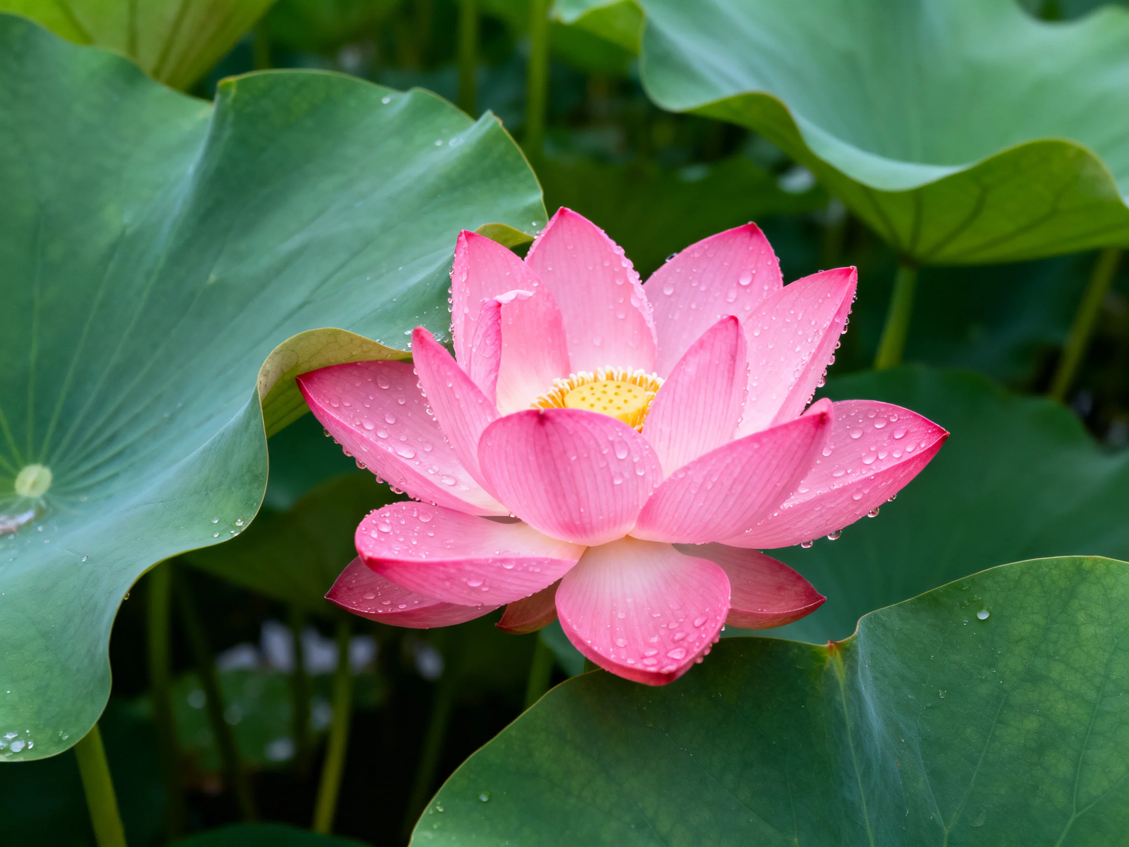 A vibrant pink lotus flower blooming among large green lily pads