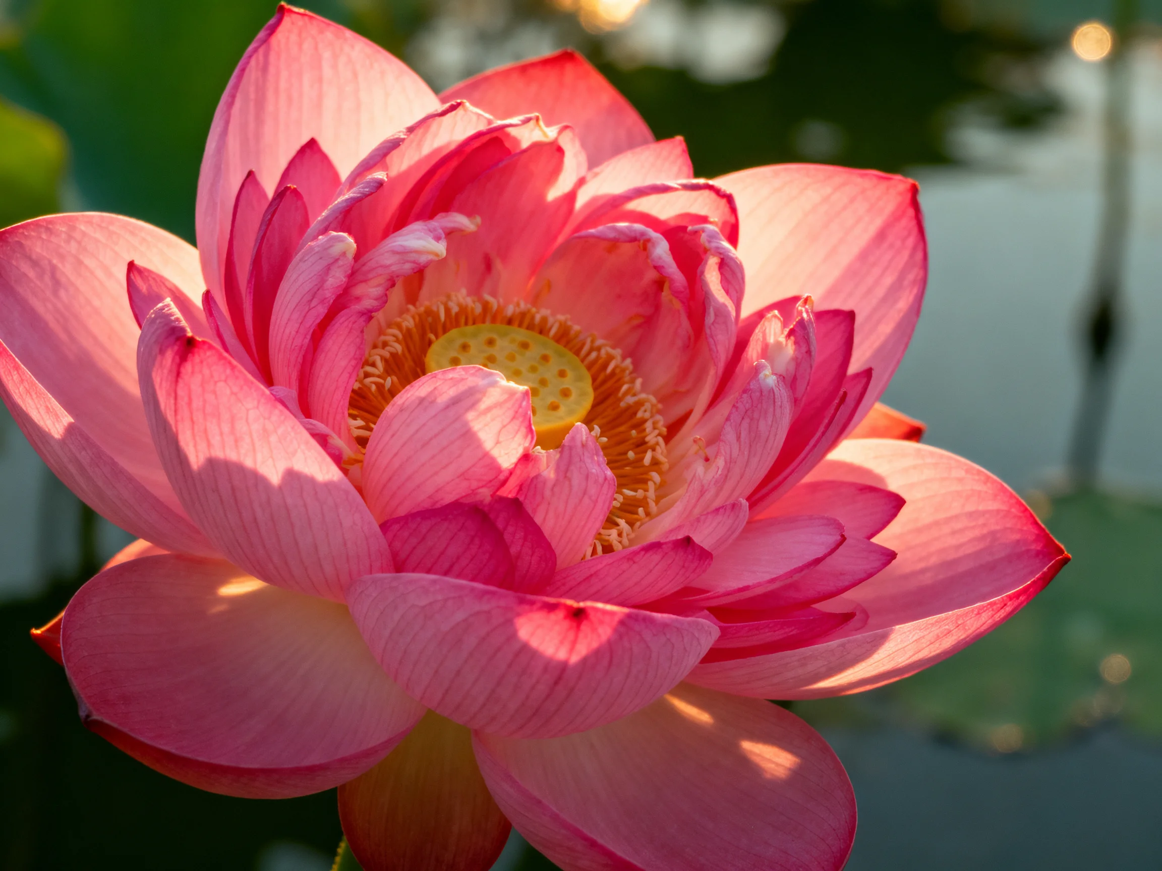 A vibrant pink lotus flower in full bloom with layered petals