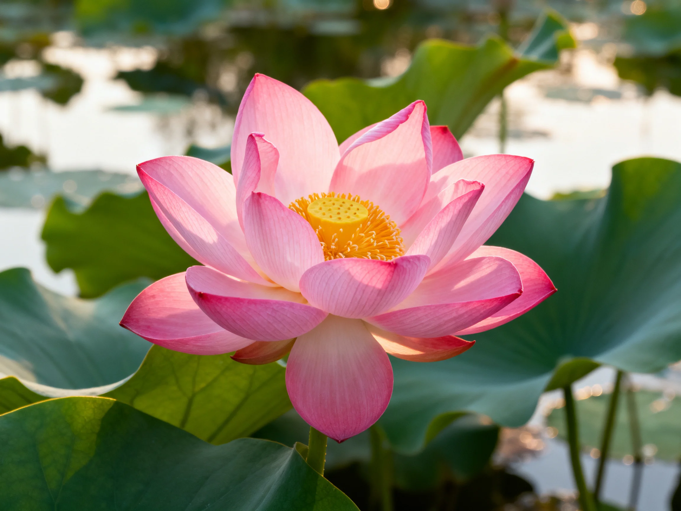 A vibrant pink lotus flower surrounded by broad green leaves near stillwater