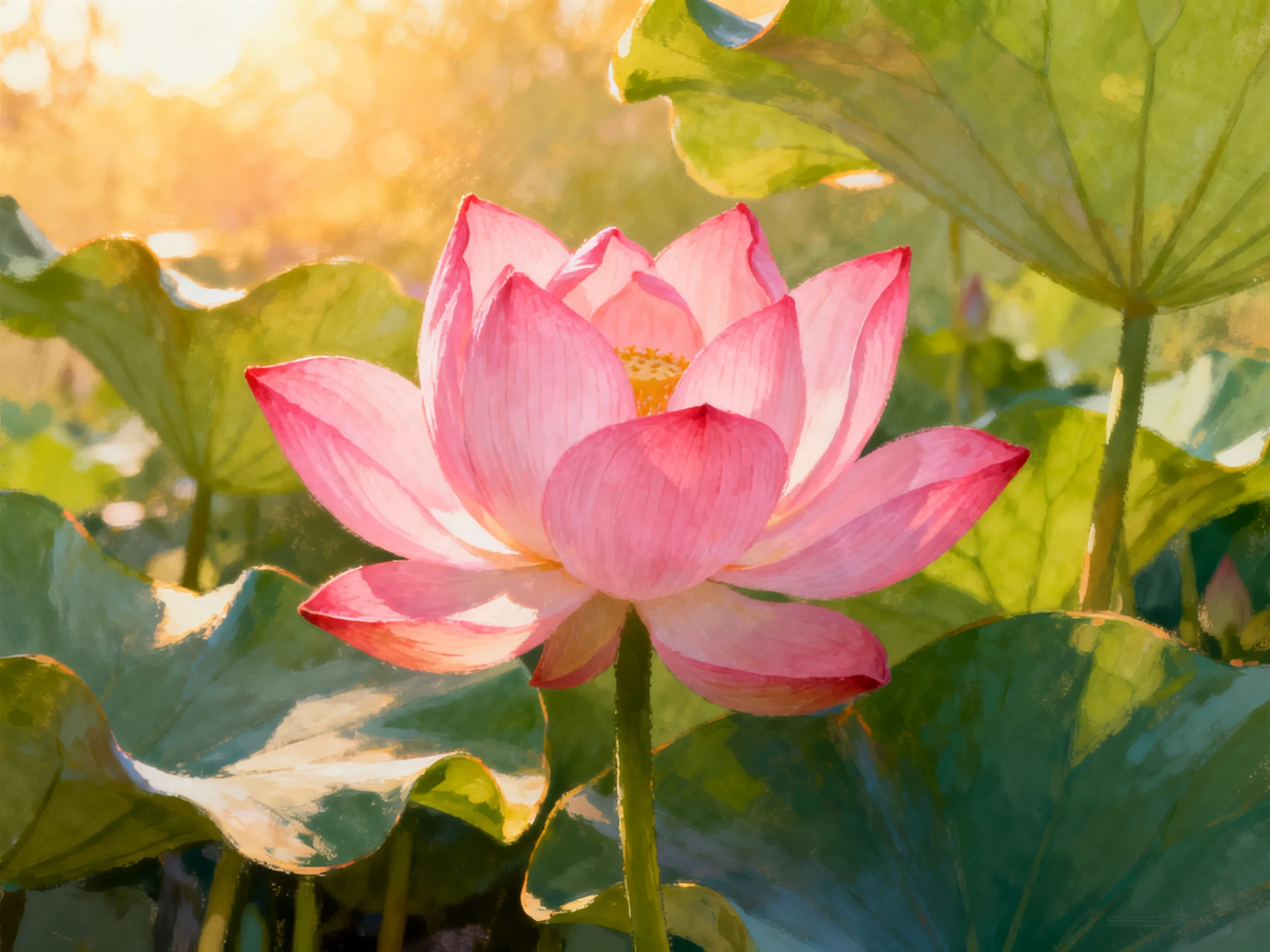 A vibrant pink lotus flower surrounded by large green leaves under warm sunlight