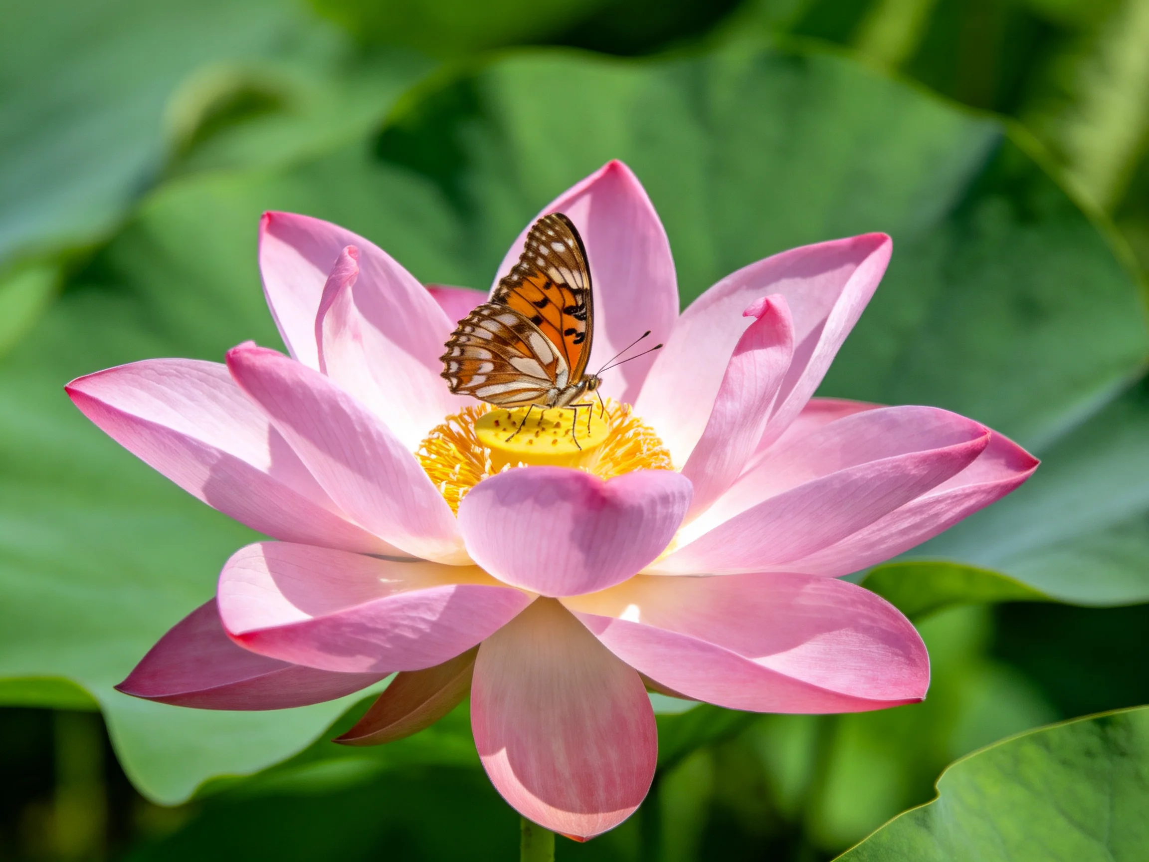 A vibrant pink lotus flower with a butterfly resting on its center