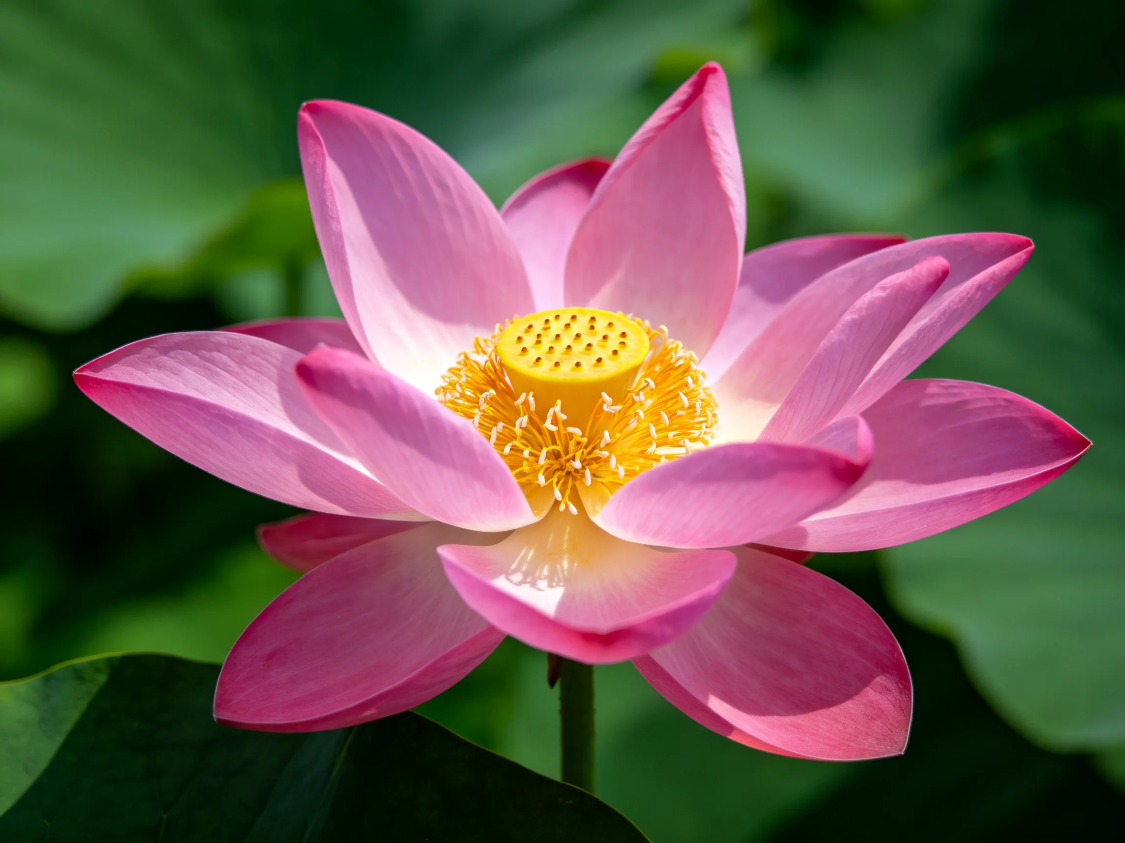 A vibrant pink lotus flower with golden center amid lush green leaves