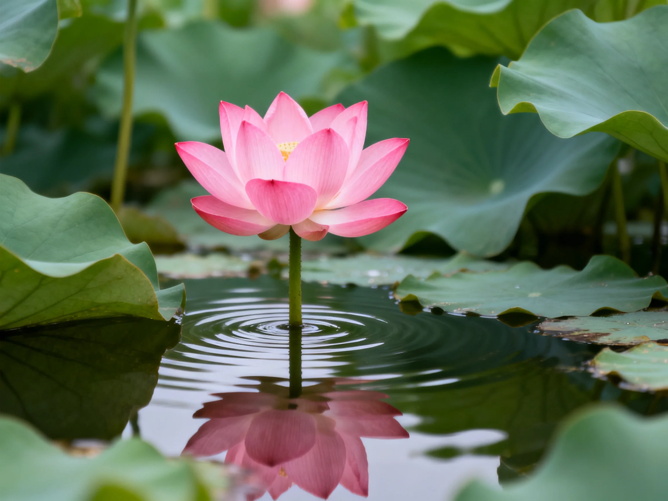 A vibrant pink lotus surrounded by large green lily pads in calm water