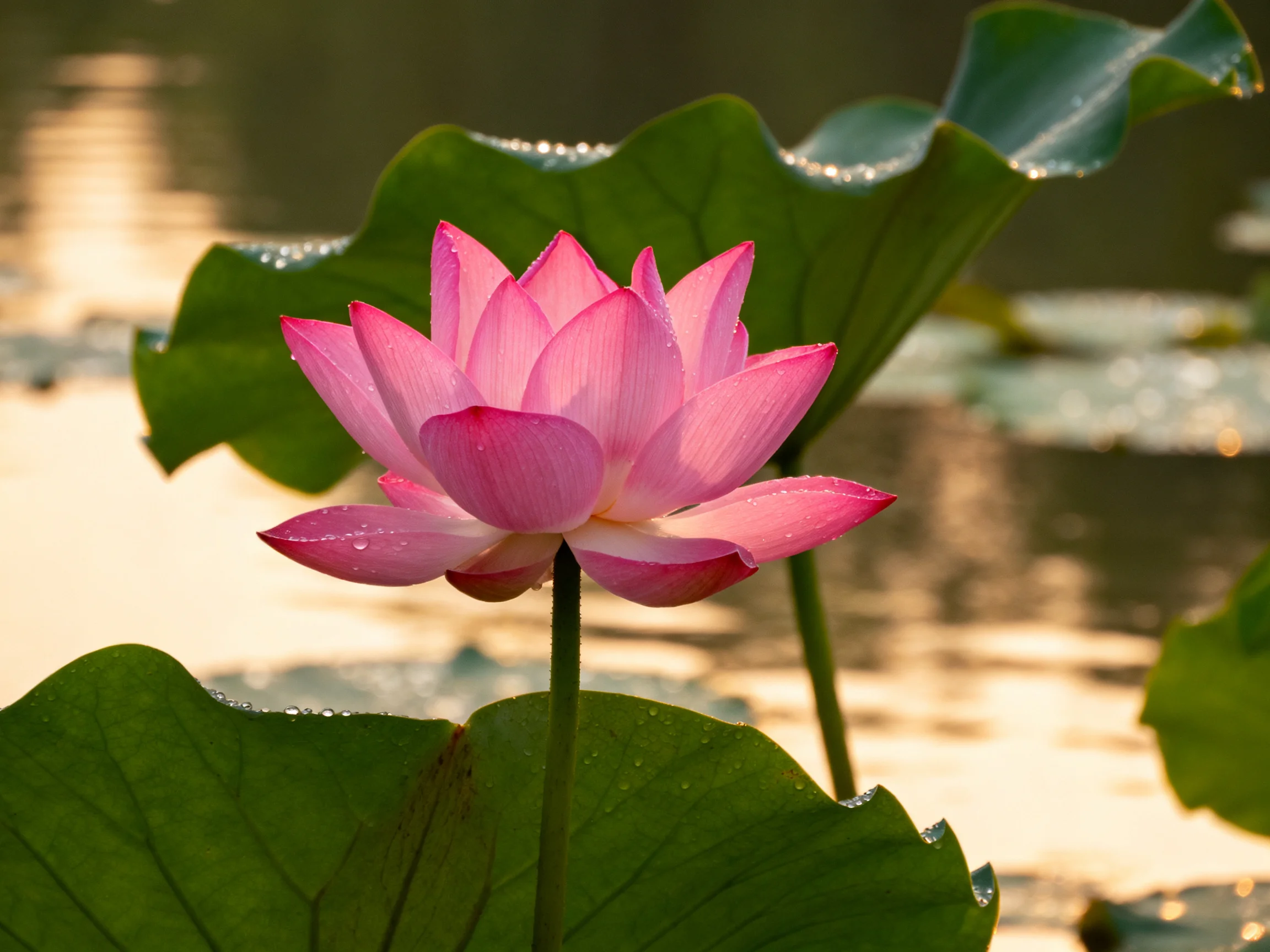 A vibrant pink lotus surrounded by large green lily pads near calm water