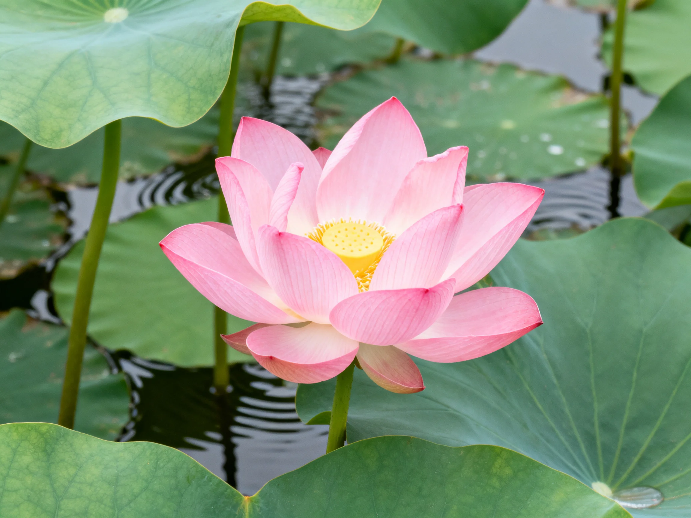 A vibrant pink lotus surrounded by large green lily pads near calm water