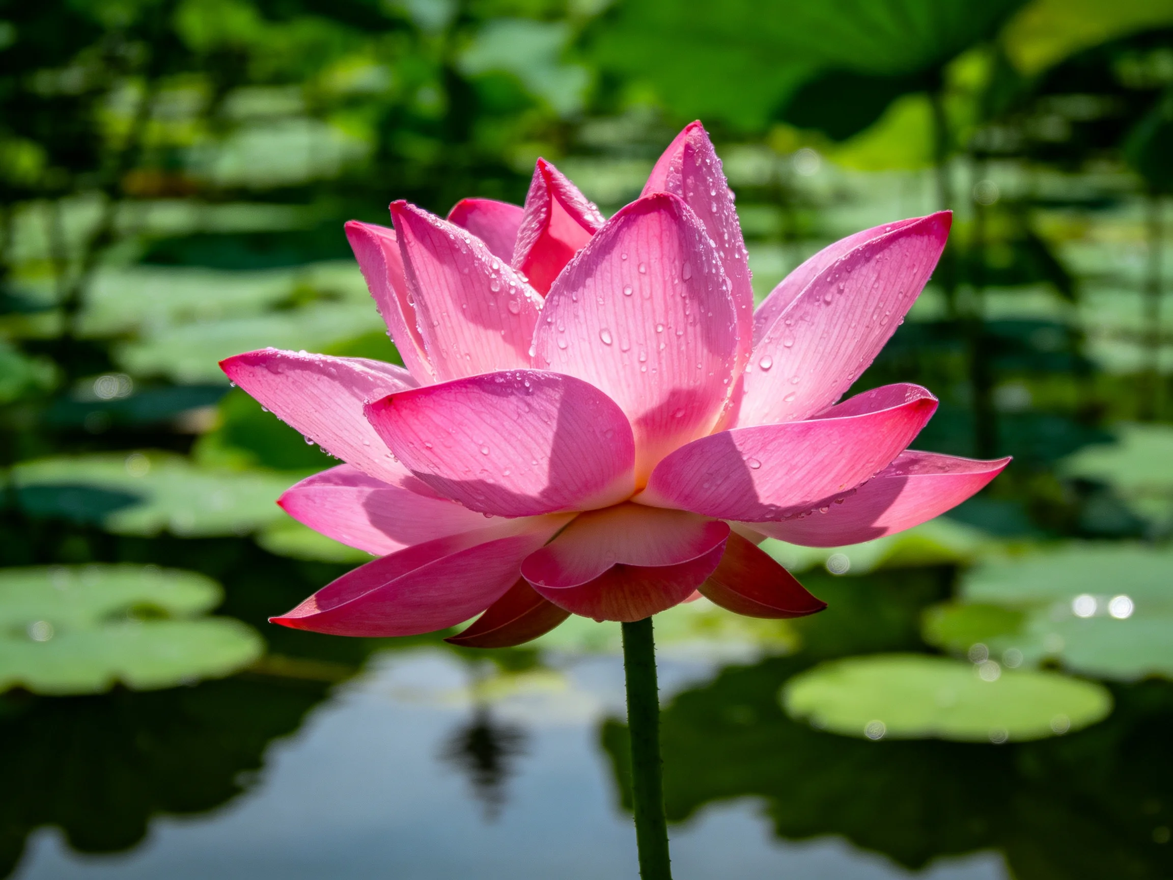 A vibrant pink lotus with dew drops near green water lily pads