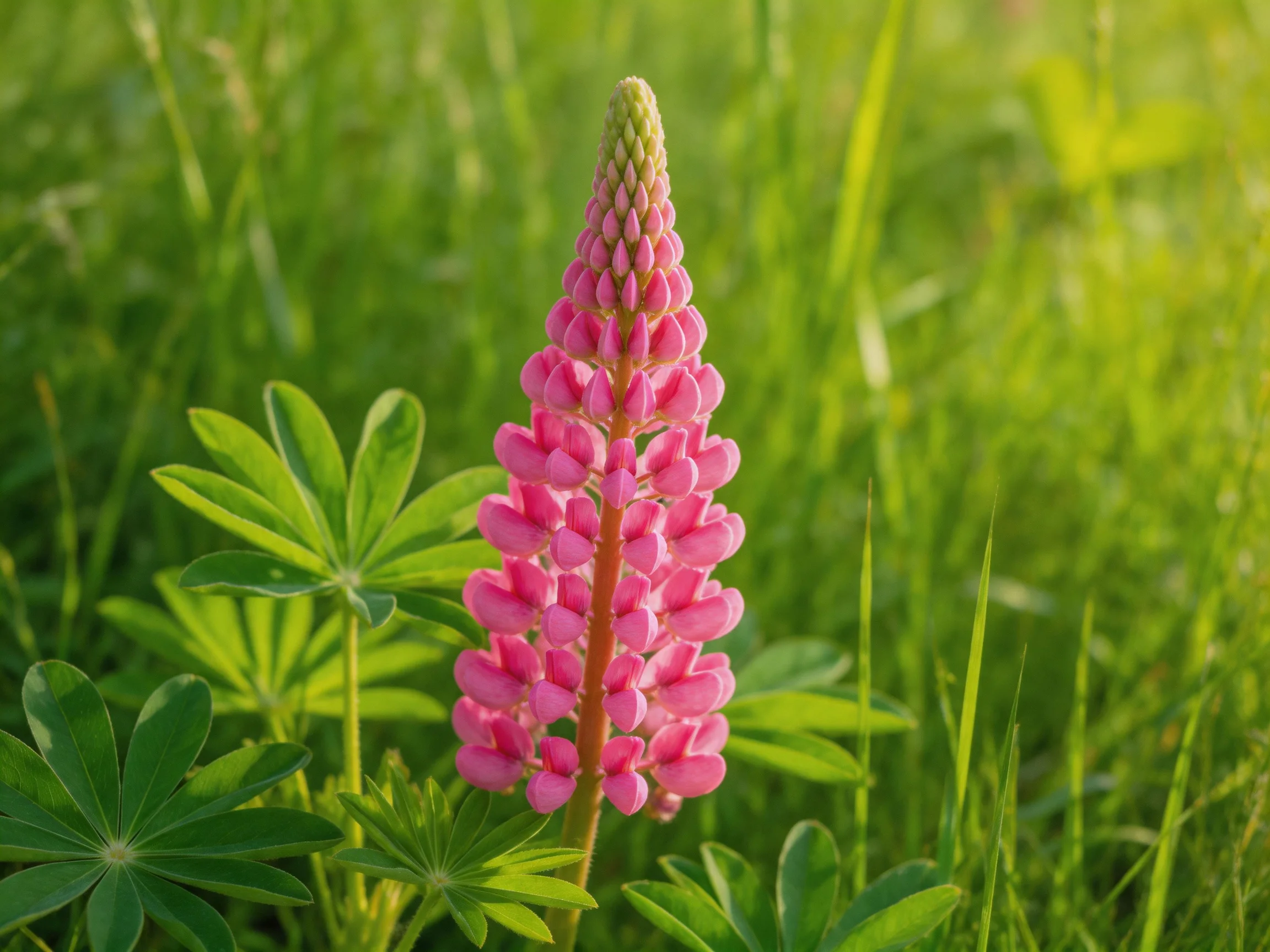 A vibrant pink lupine flower stands among lush green grass