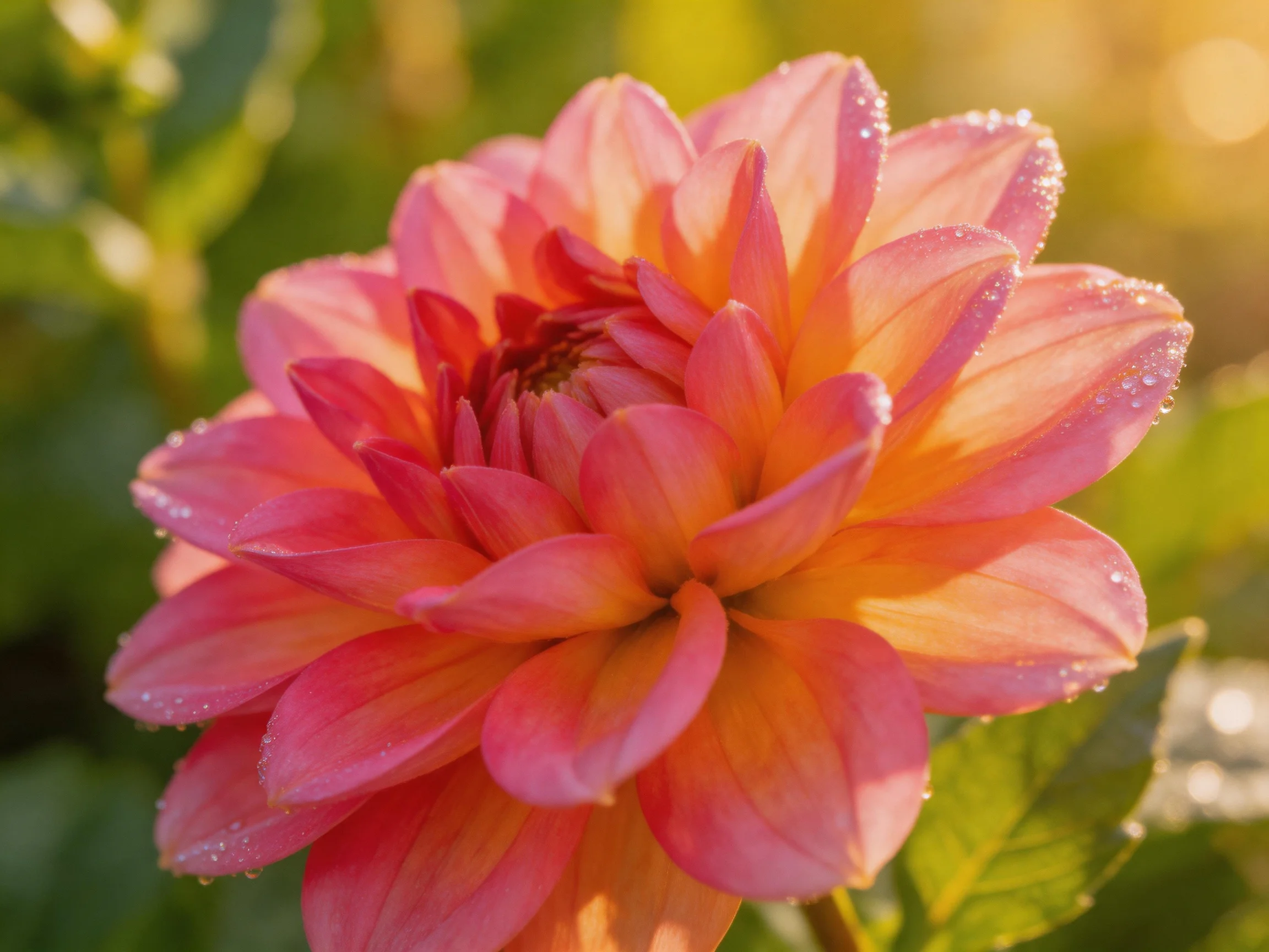 A vibrant pink-orange dahlia with dew drops in soft natural light