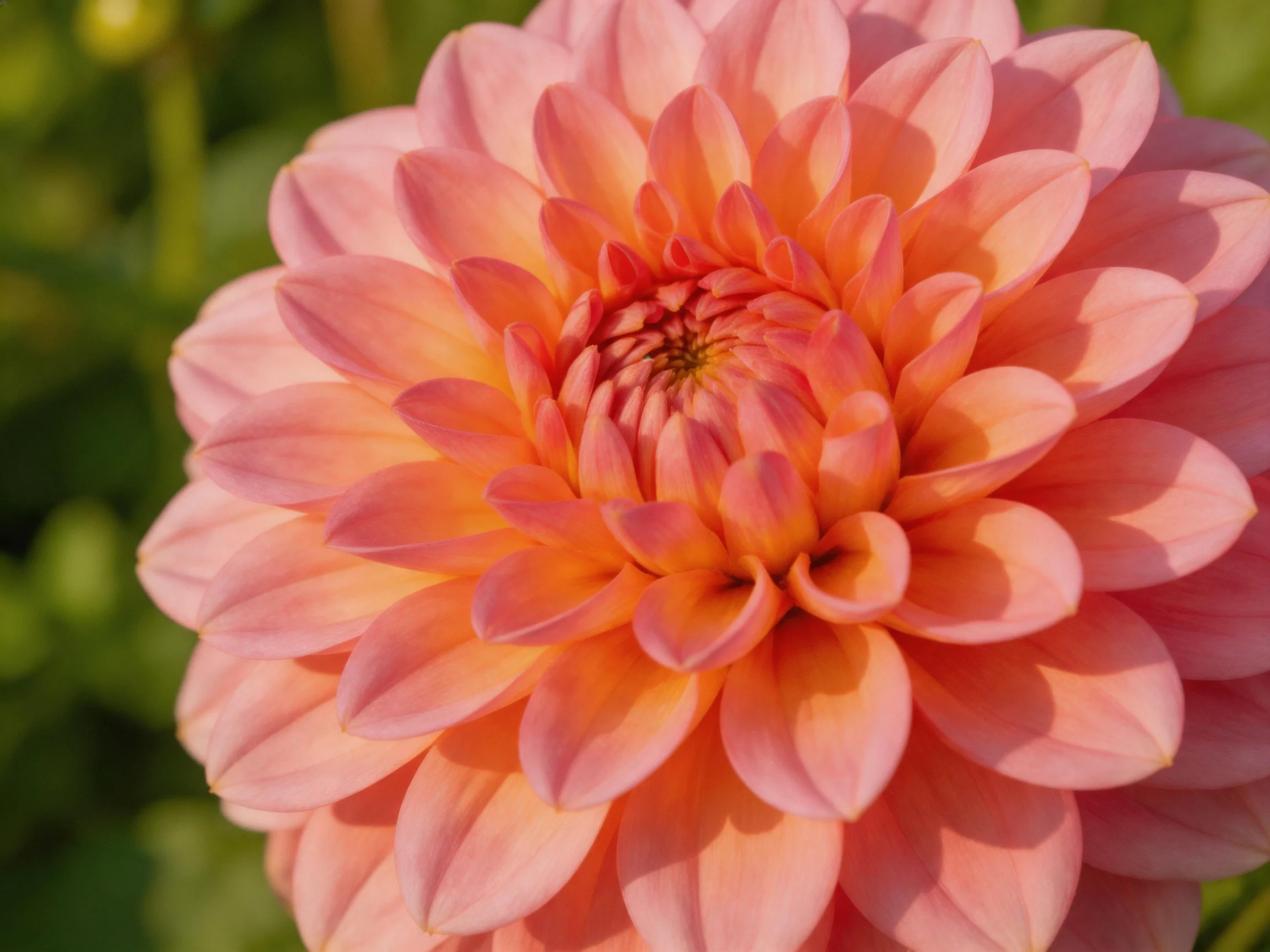 A vibrant pink-orange dahlia with layered petals