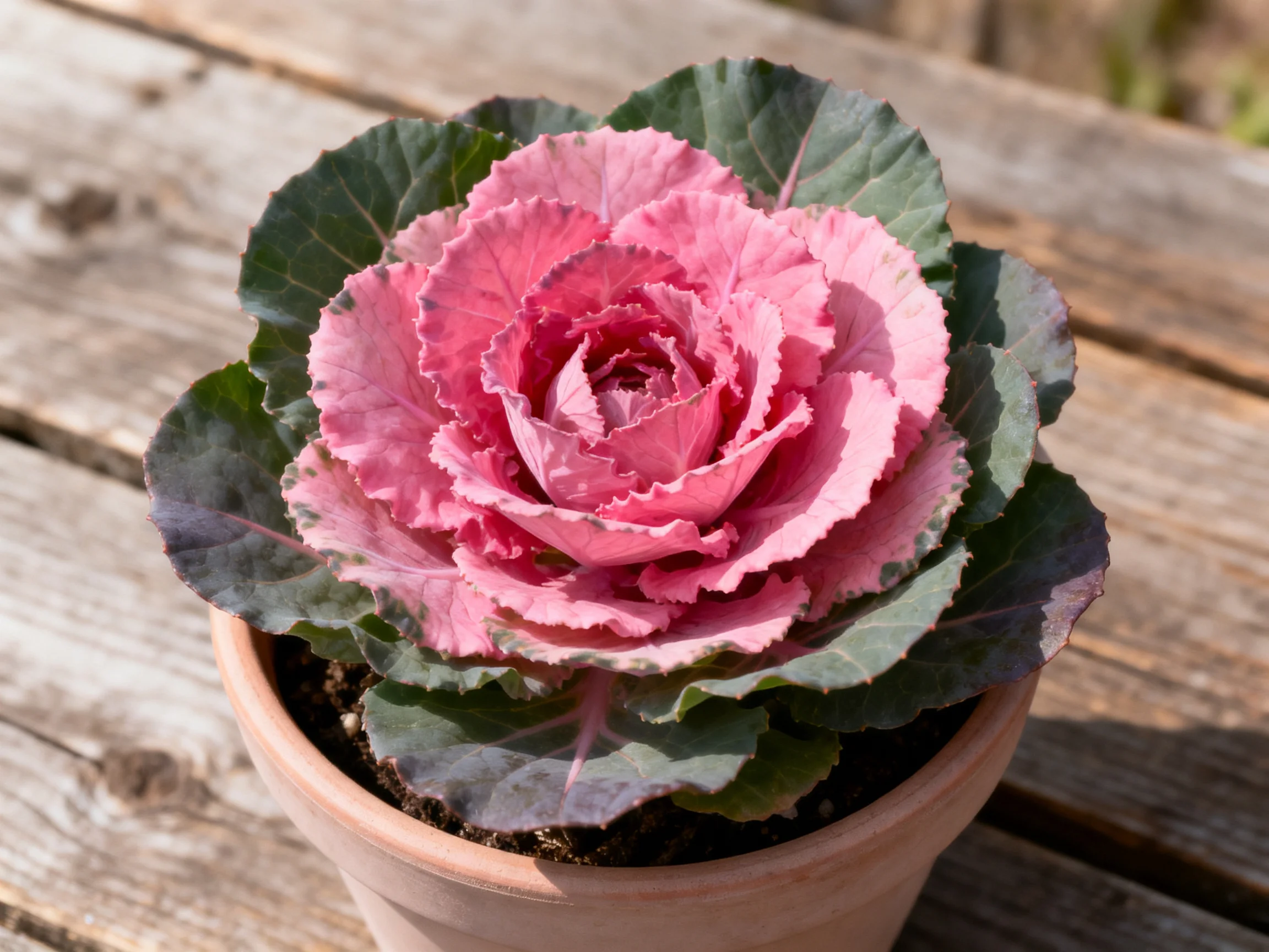 A vibrant pink ornamental cabbage in a terracotta pot on weathered wood