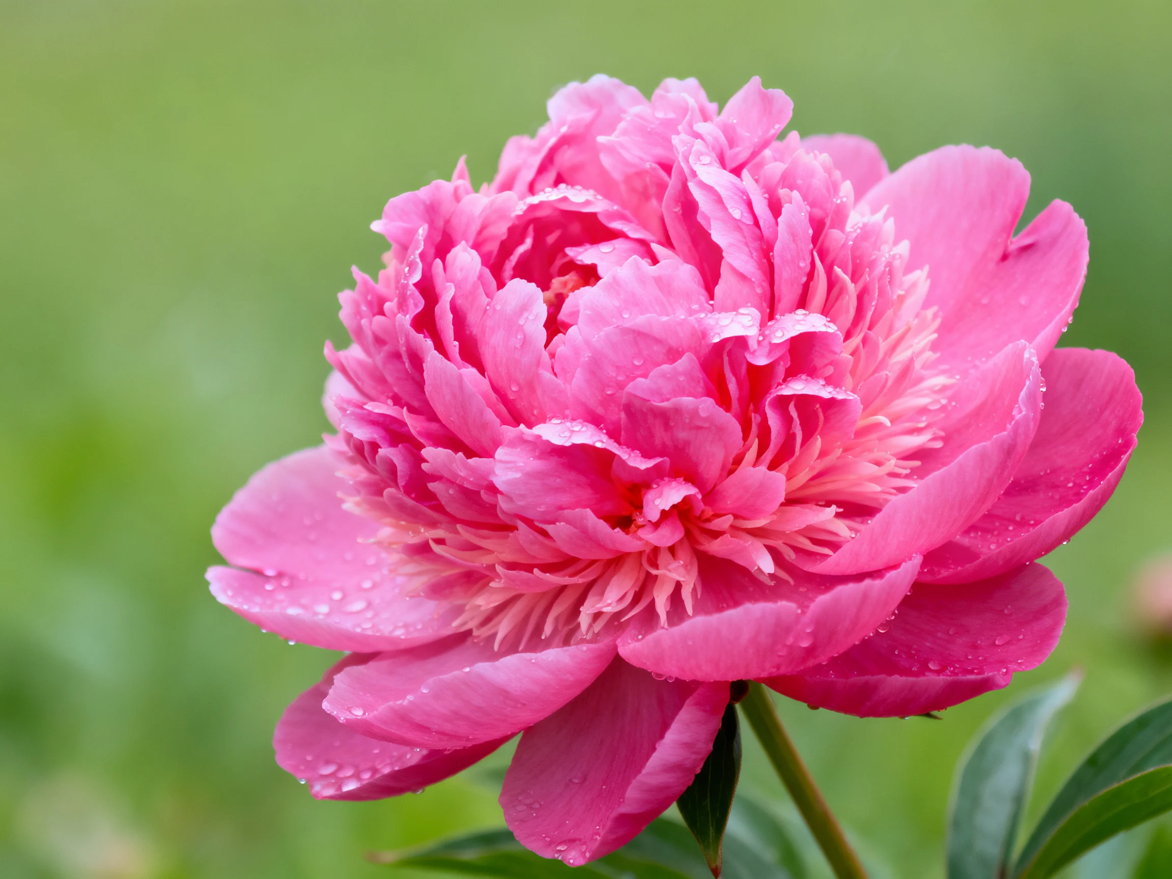A vibrant pink peony adorned with water droplets against a soft green backdrop