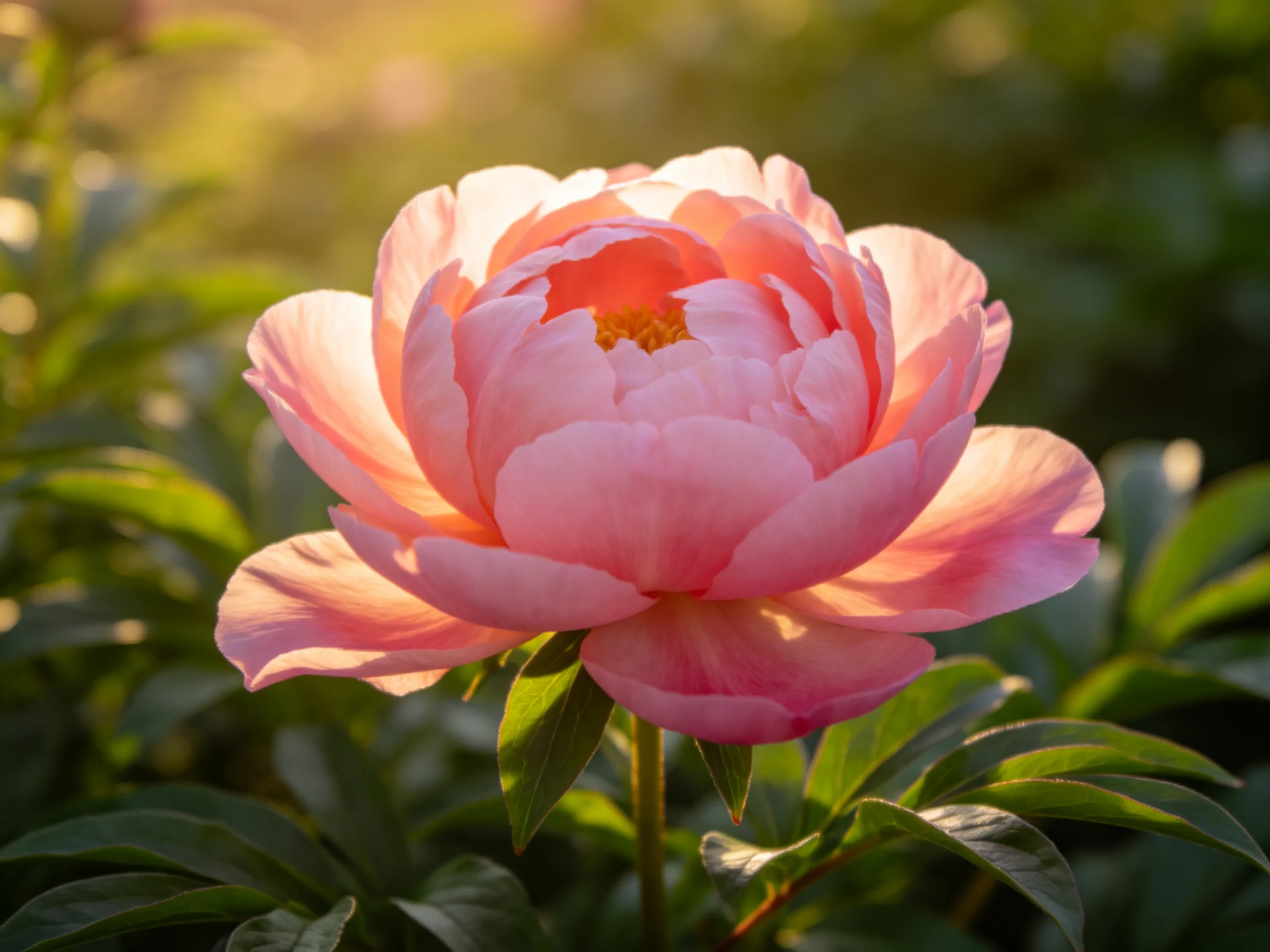A vibrant pink peony blooms amid green foliage under warm sunlight