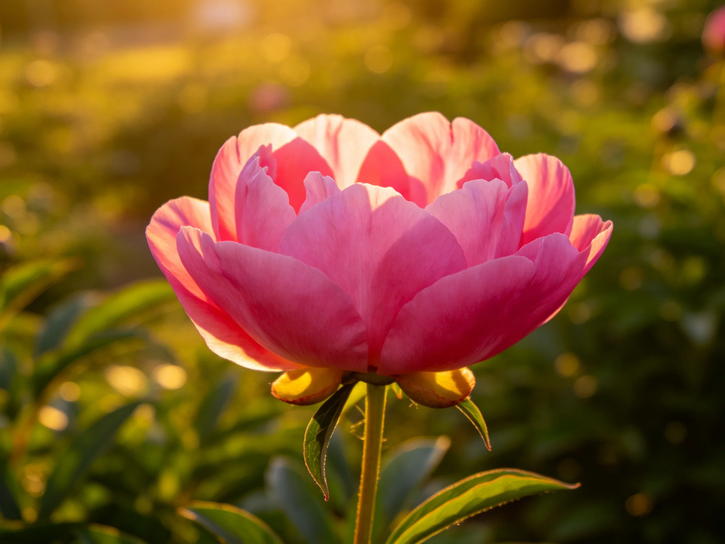 A vibrant pink peony blooms in golden sunlight among green foliage