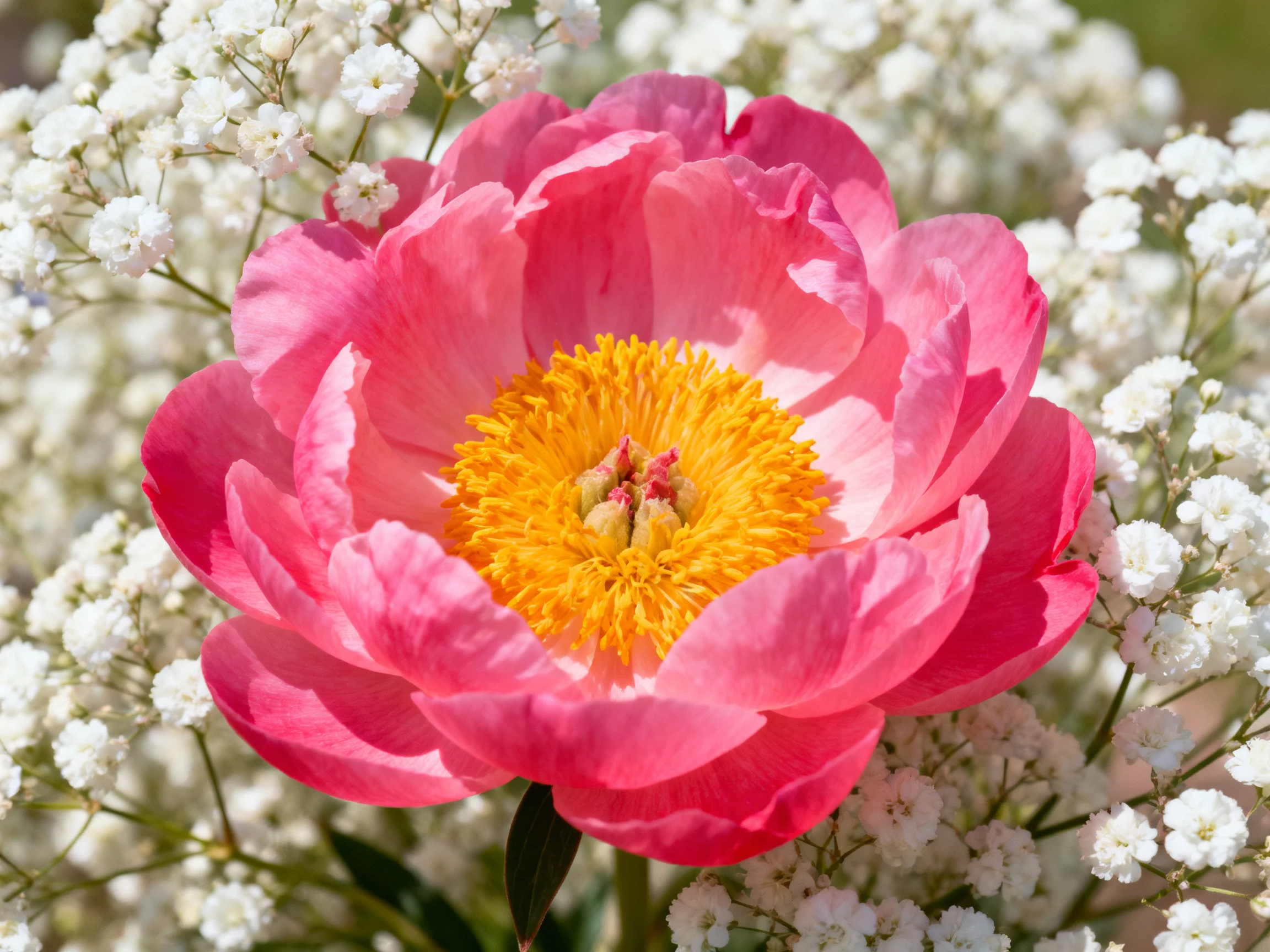 A vibrant pink peony centered among delicate white blossoms