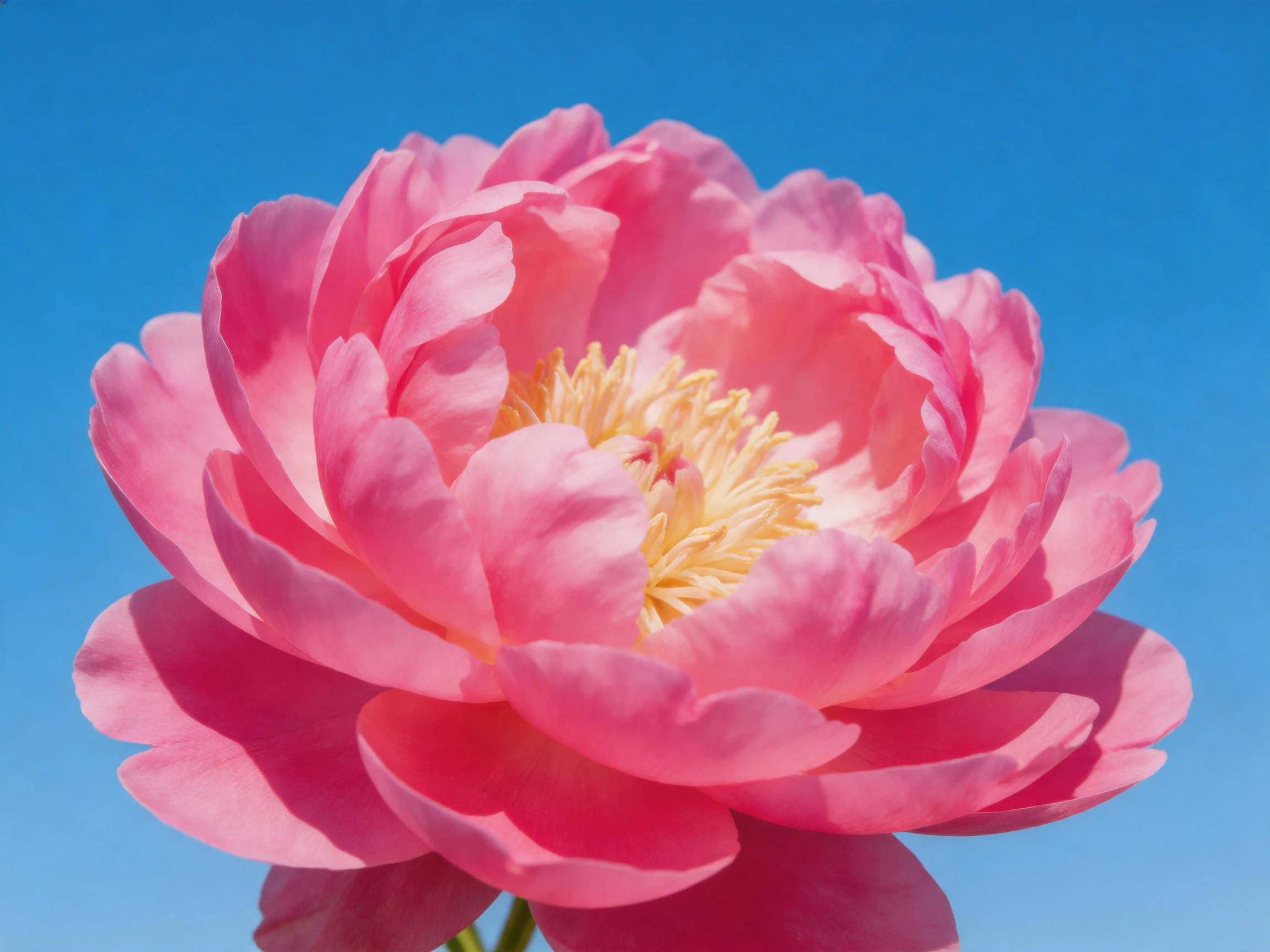 A vibrant pink peony in full bloom against a clear blue sky