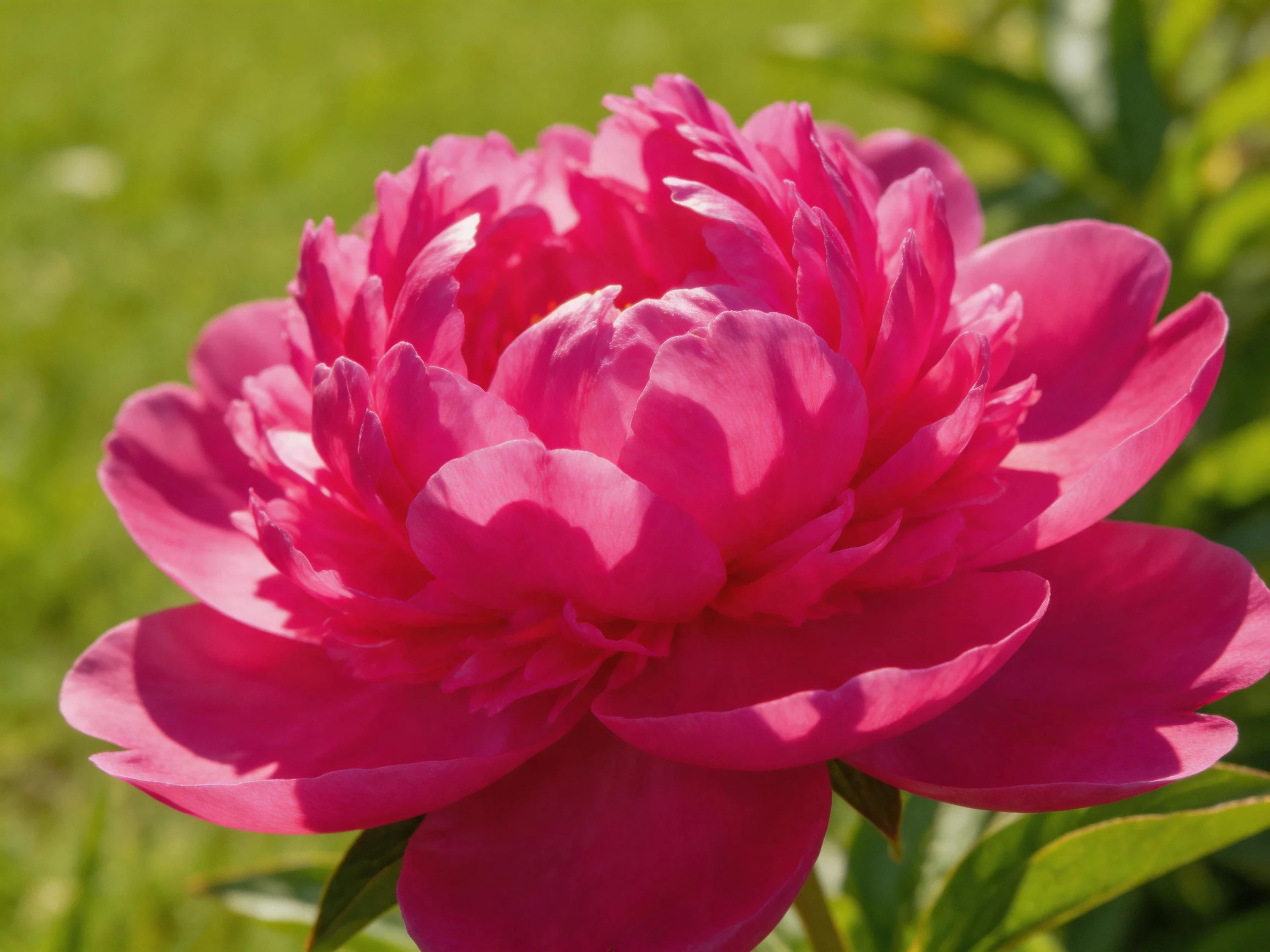 A vibrant pink peony in full bloom against a lush green backdrop