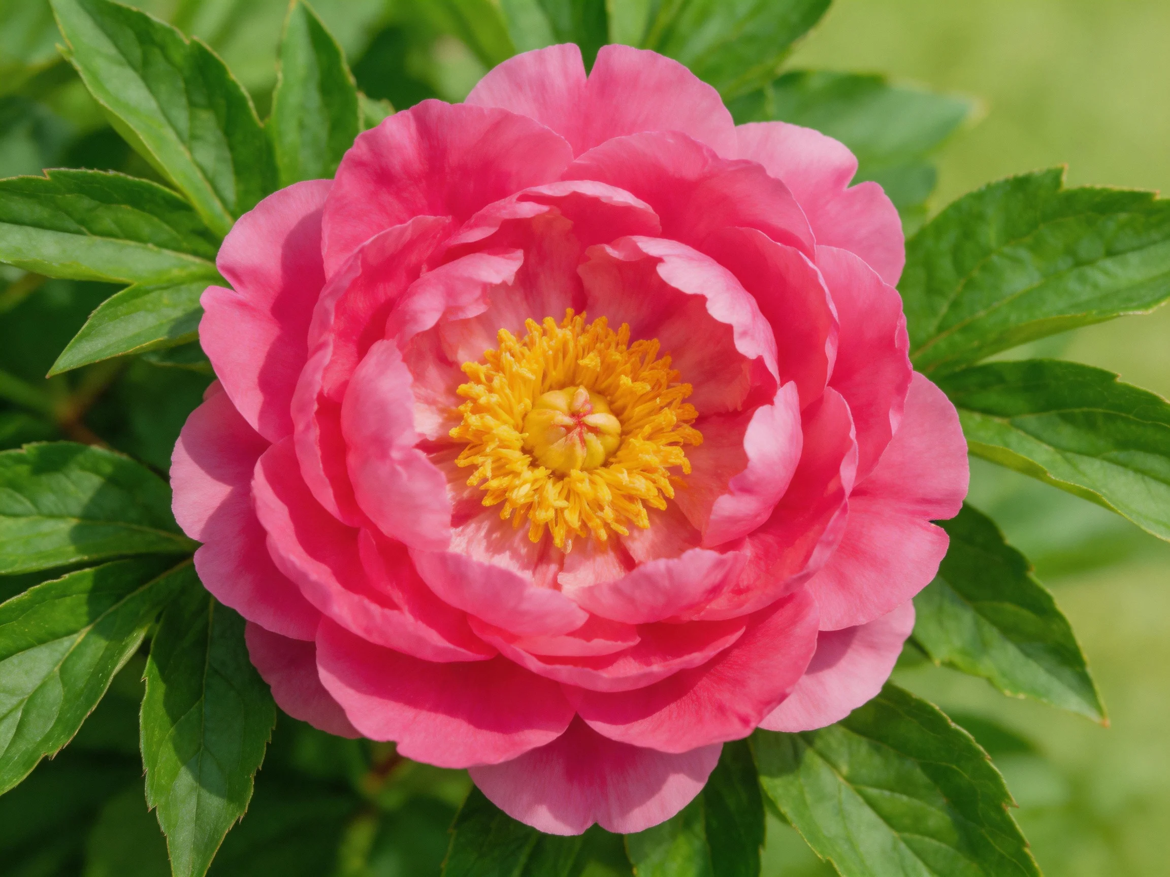 A vibrant pink peony with a bright yellow center amid green foliage