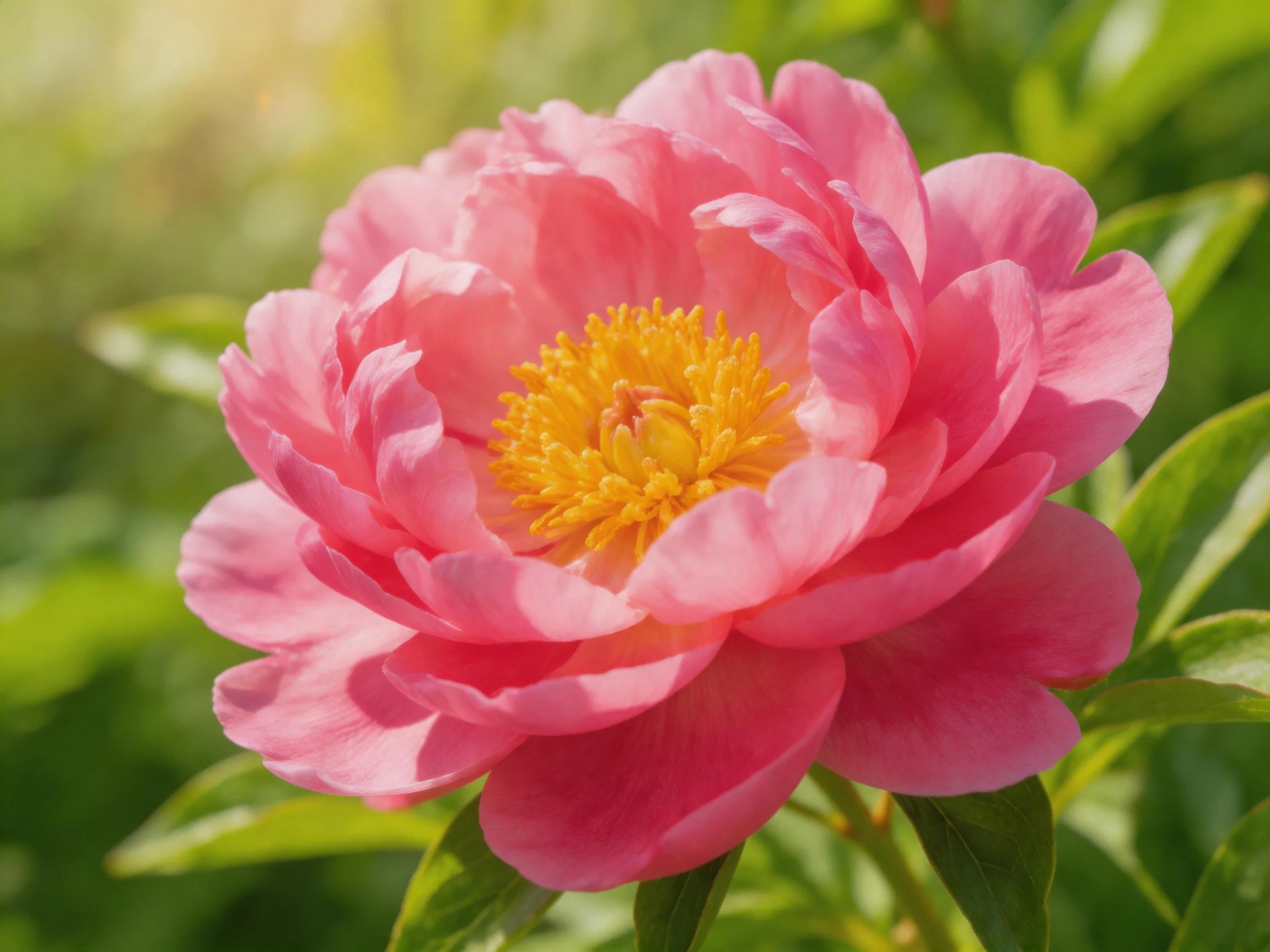 A vibrant pink peony with a bright yellow center, surrounded by lush green foliage