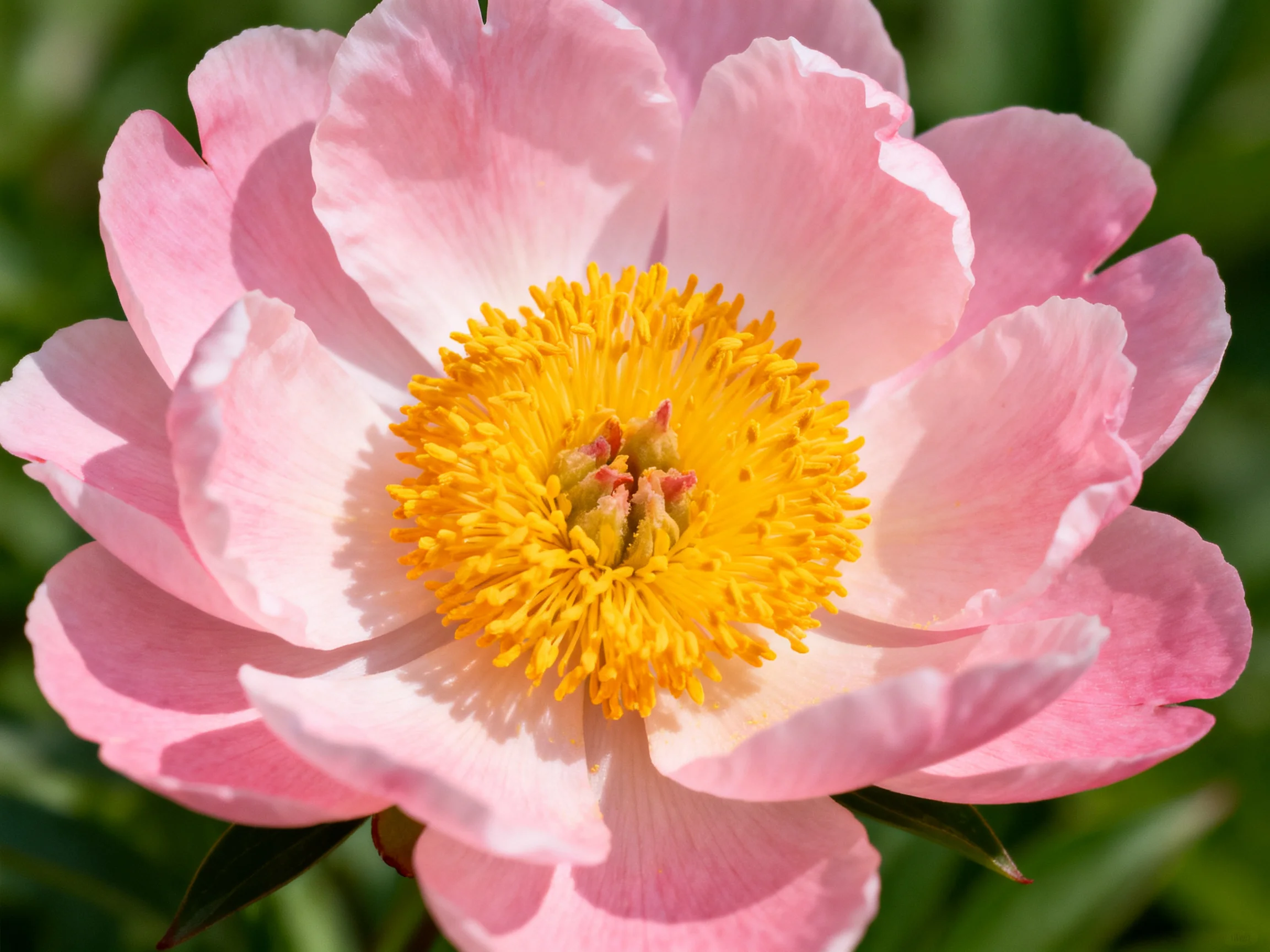A vibrant pink peony with bright yellow central core