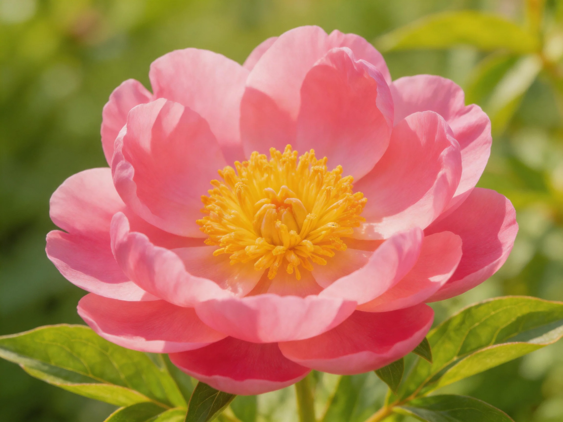 A vibrant pink peony with golden center surrounded by green foliage