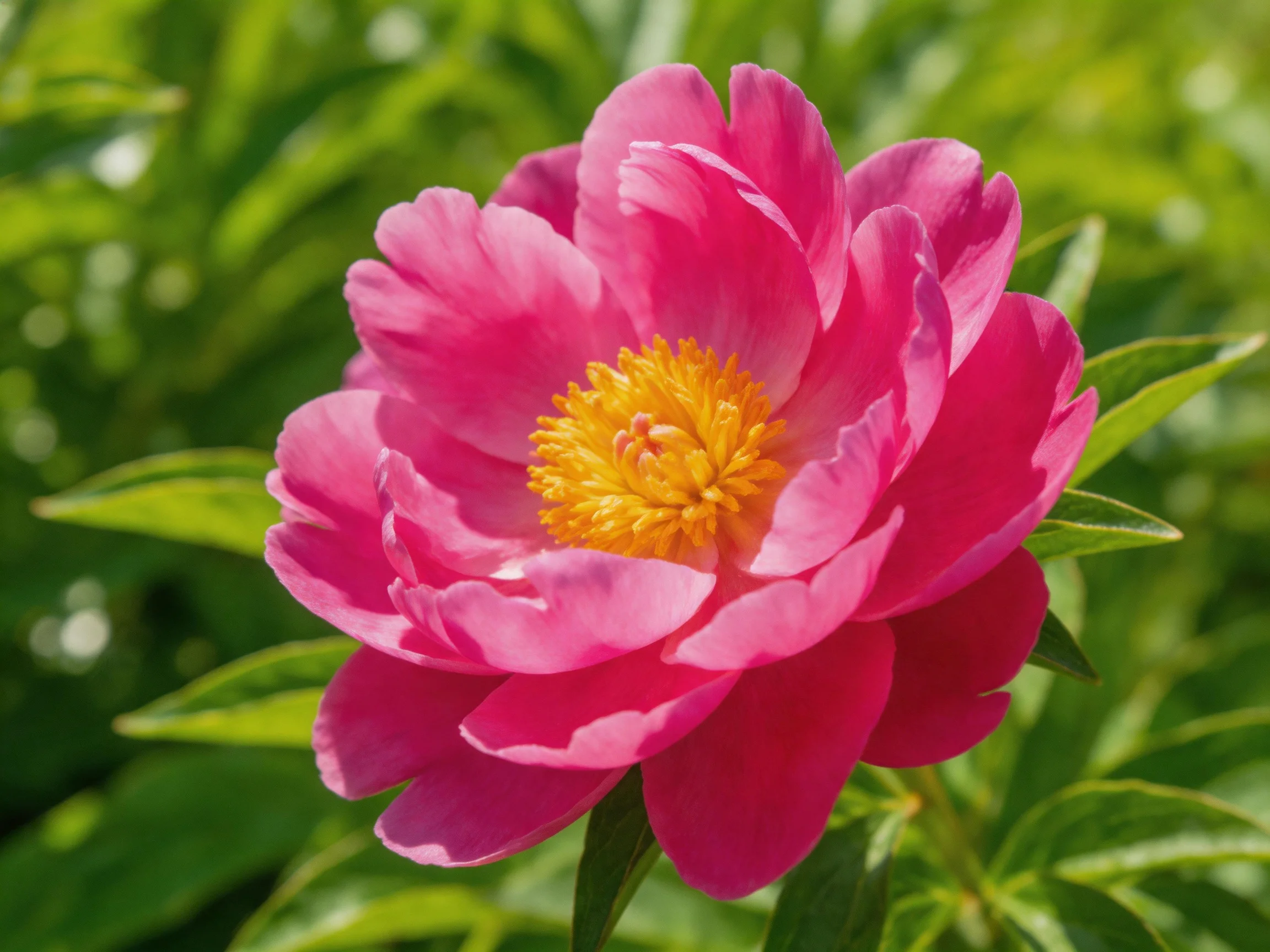 A vibrant pink peony with golden center surrounded by lush green leaves
