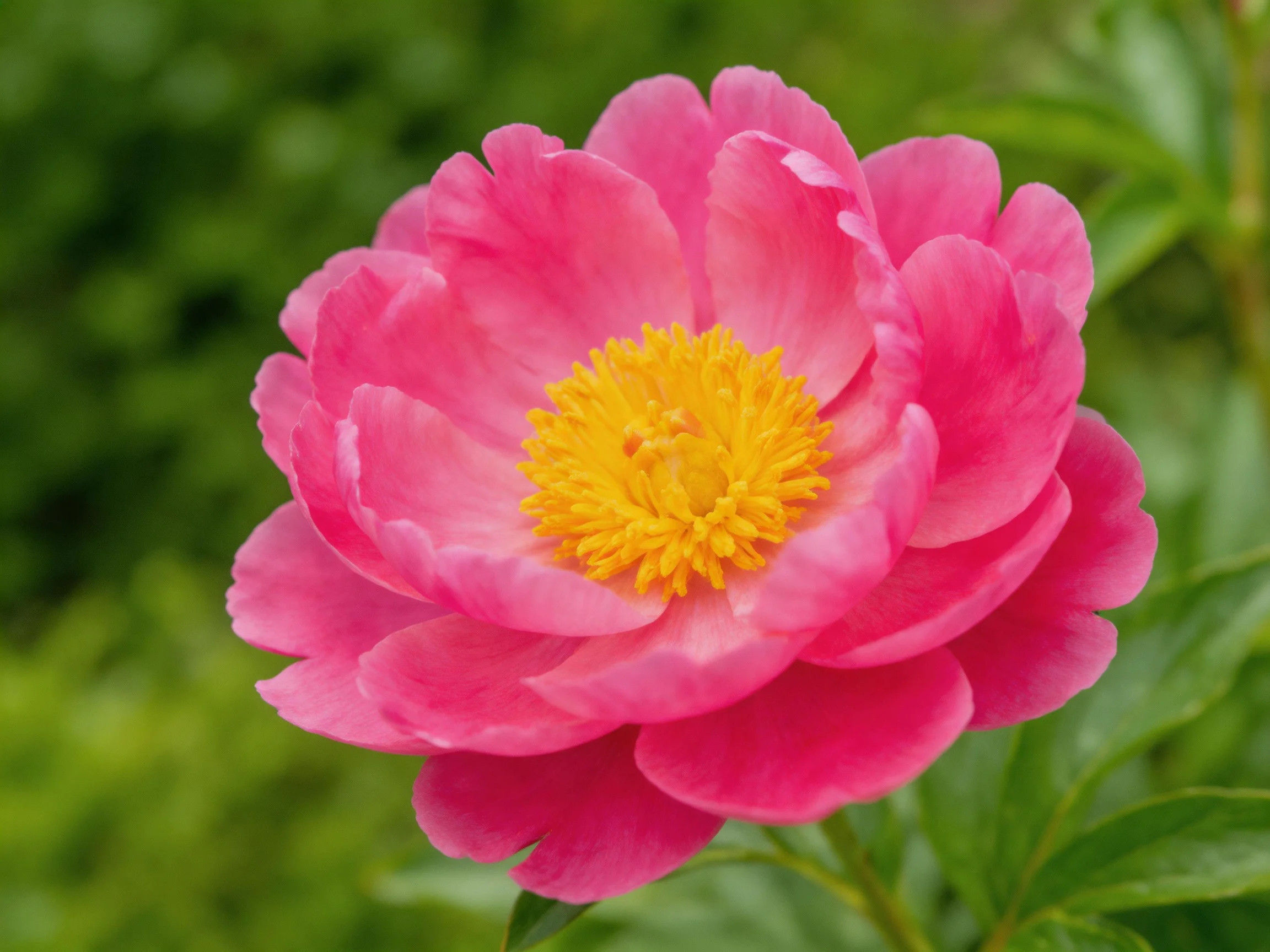 A vibrant pink peony with layered petals and a golden center