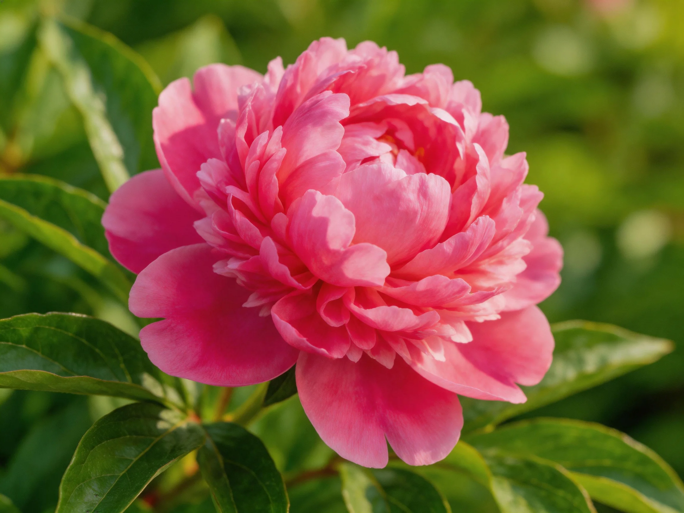A vibrant pink peony with layered petals and lush green leaves