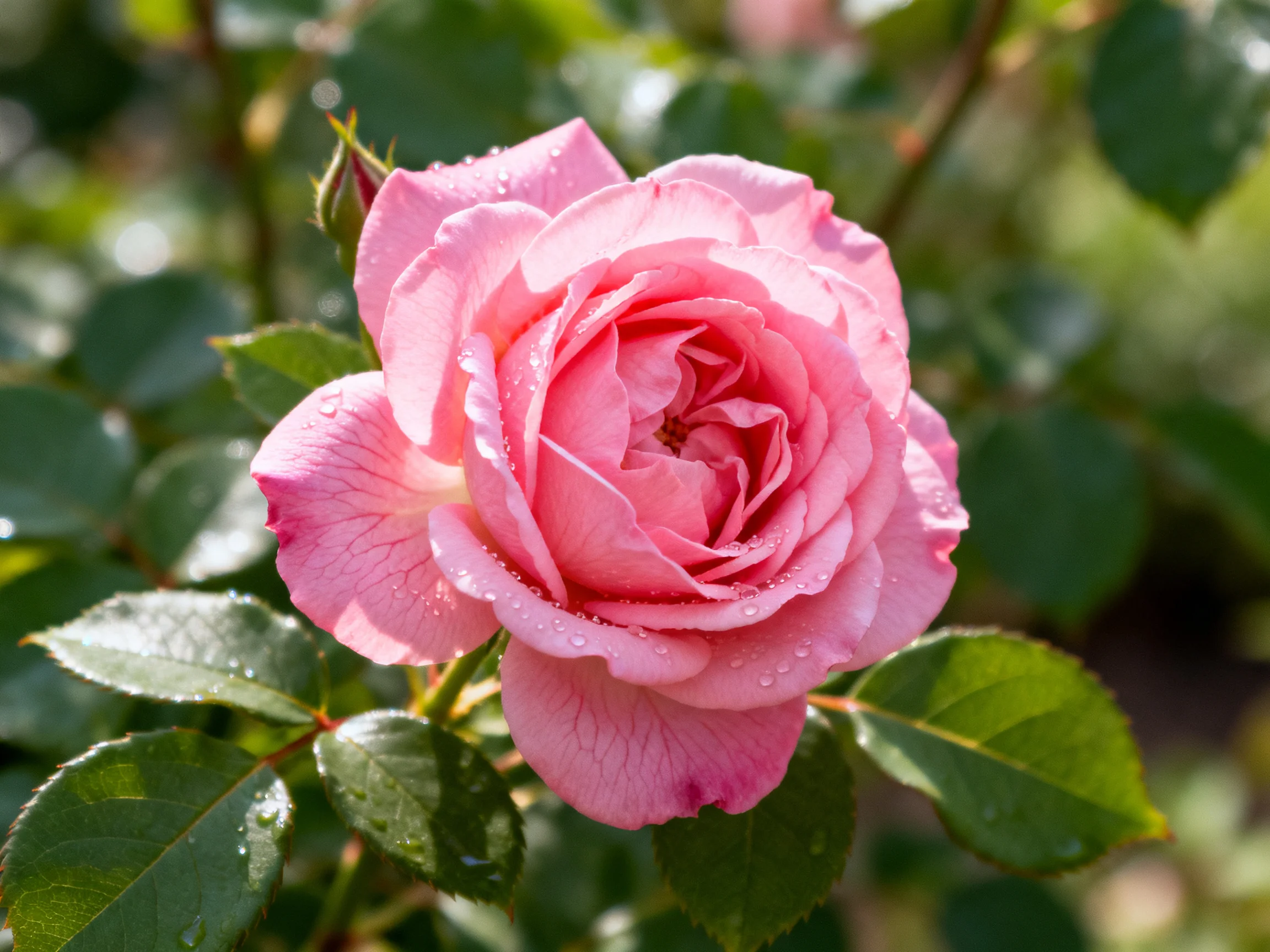 A vibrant pink rose adorned with dewdrops amid lush green leaves
