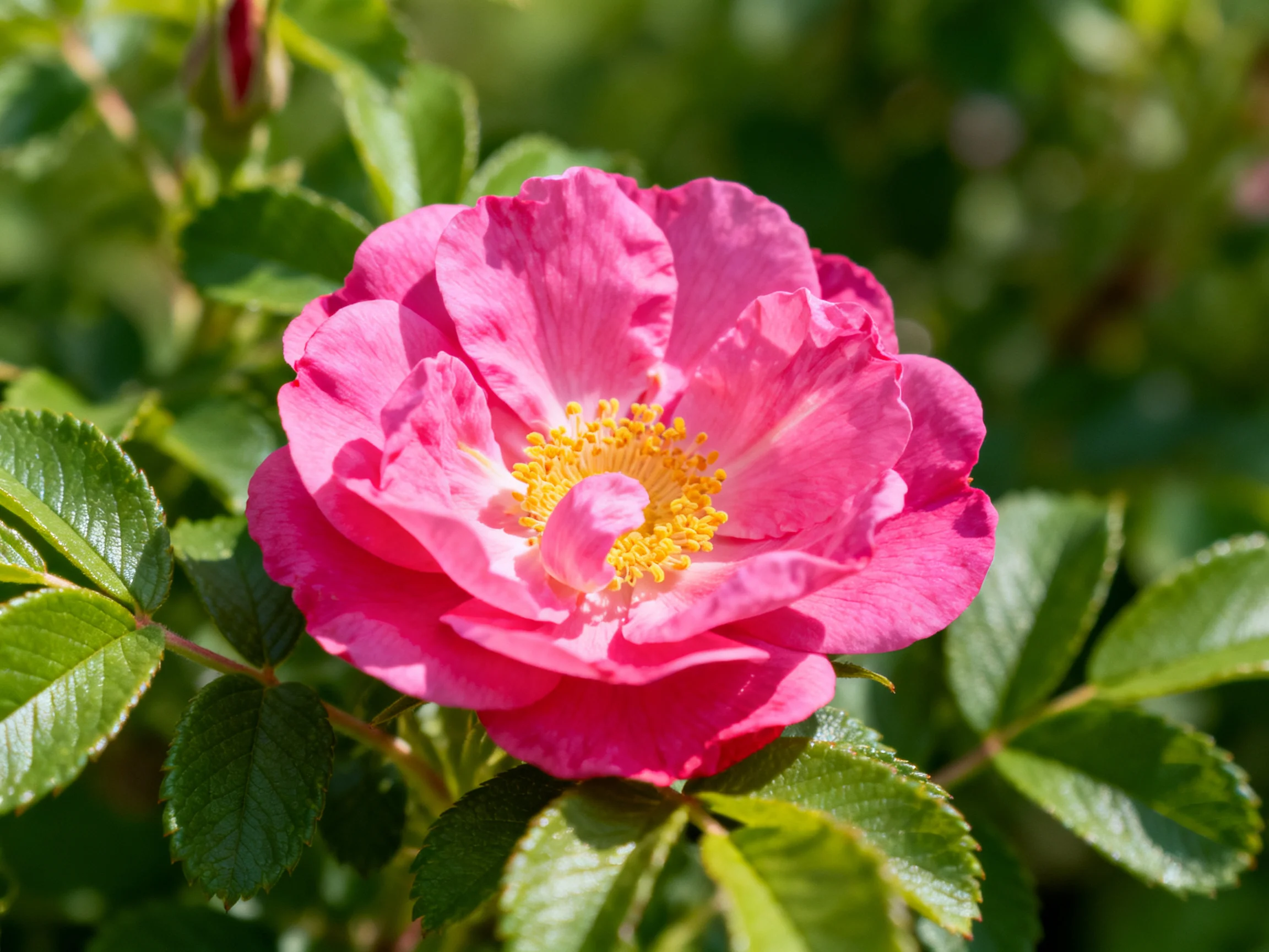 A vibrant pink rose blooms amid lush green foliage